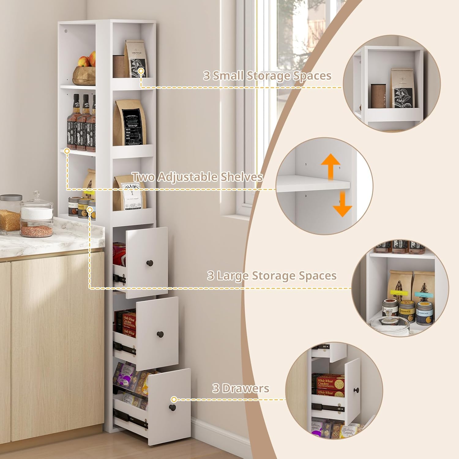 Storage Cabinet Tall Narrow Bathroom Organizer with Side Storage Rack and 3-Level Adjustable Shelves Slim Free Standing Space Saver for Living Room Kitchen, Classic White