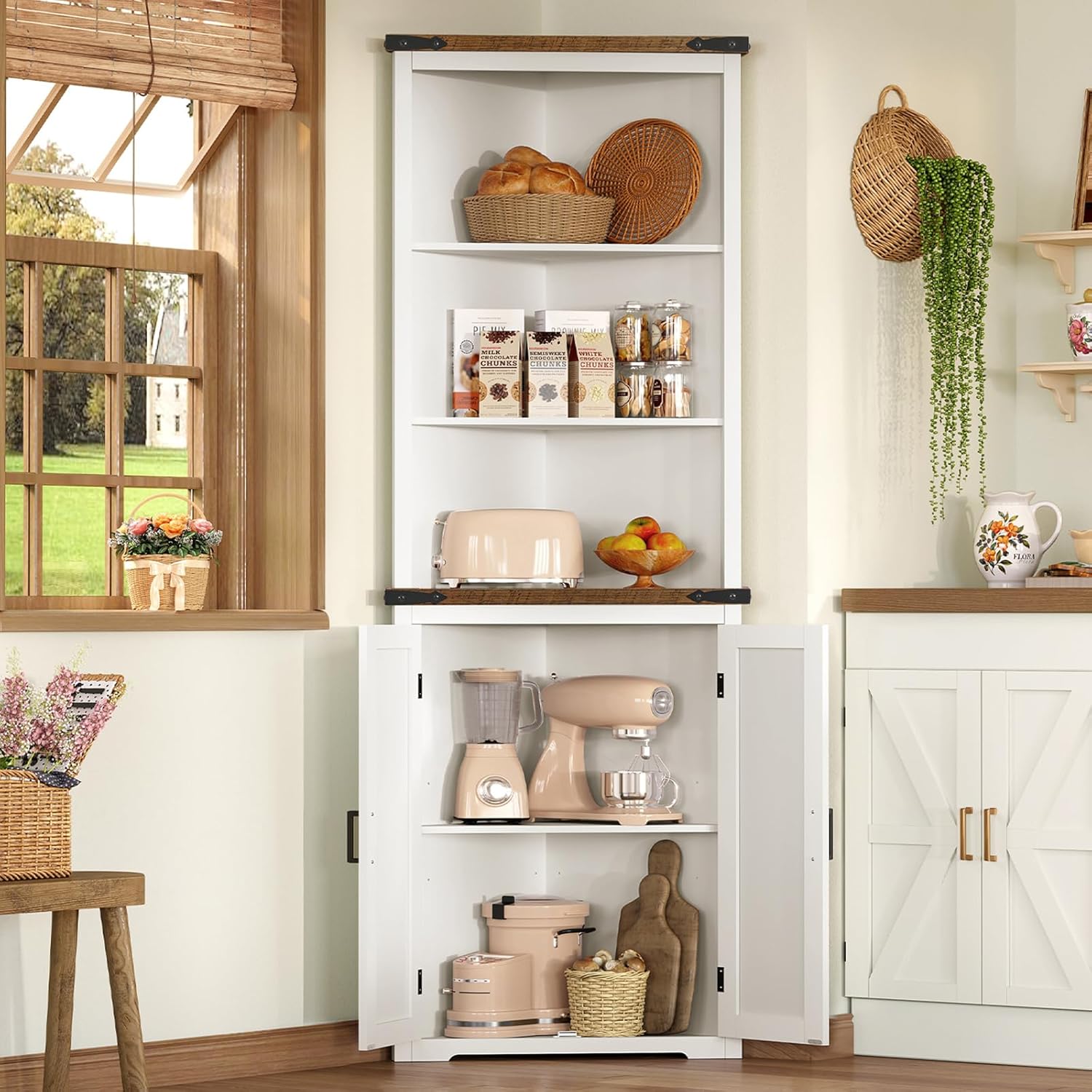Farmhouse Corner Cabinet, 70" H Tall Corner Hutch with 5 Shelves & 2 Barn Doors, Bathroom Cabinet with Adjustable Shelf