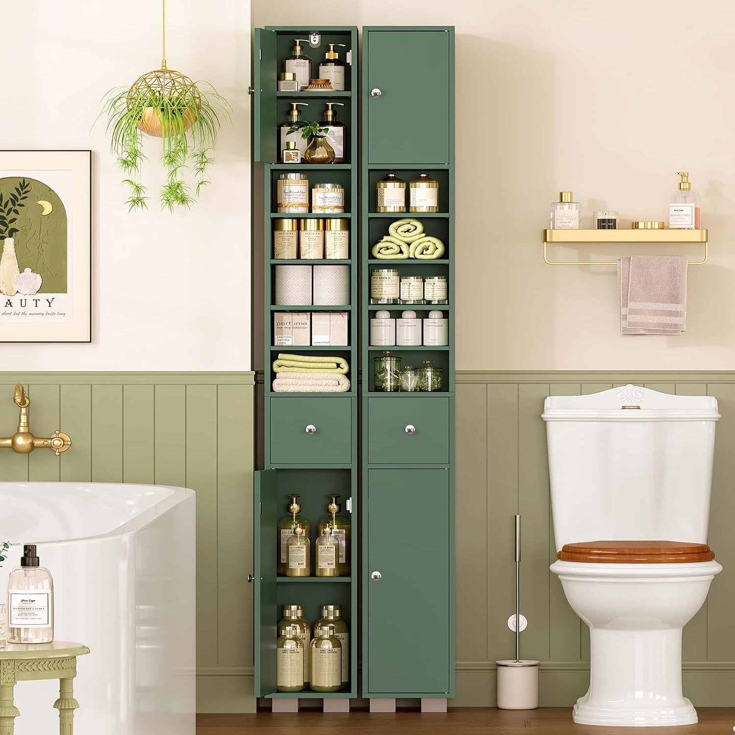 Bathroom Cabinet, Narrow Bathroom Storage Cabinet with 5 Adjustable Shelves & Drawer, Freestanding Cupboard for Small Spaces