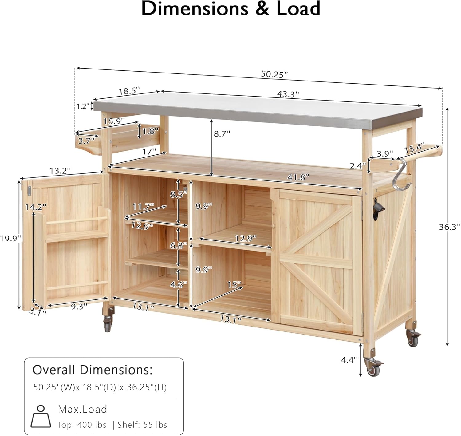 50.25" Outdoor Grill Cart with Stainless Steel Tabletop and Storage Cabinet