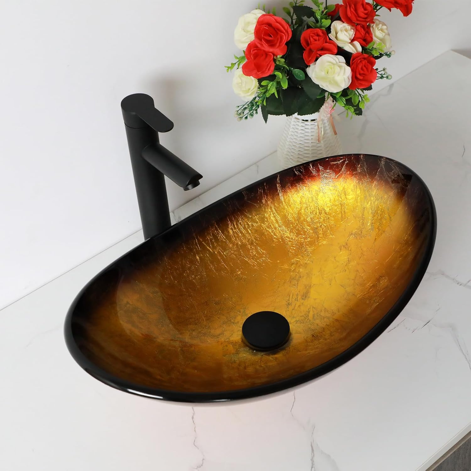 21" Yellow Glass Vessel Sink With Faucet And Drain Combo Modern Boat Shape Artistic Basin