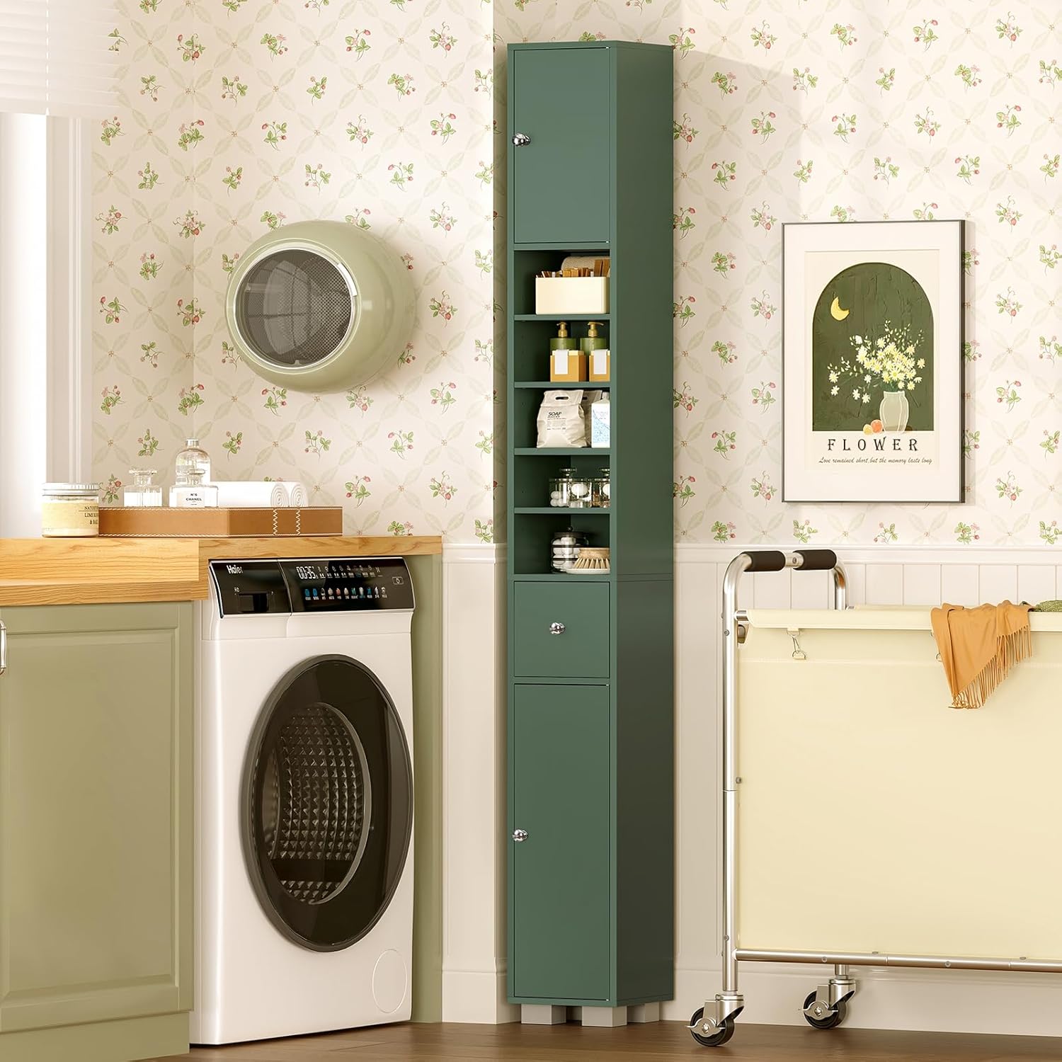 Bathroom Cabinet, Narrow Bathroom Storage Cabinet with 5 Adjustable Shelves & Drawer, Freestanding Cupboard for Small Spaces