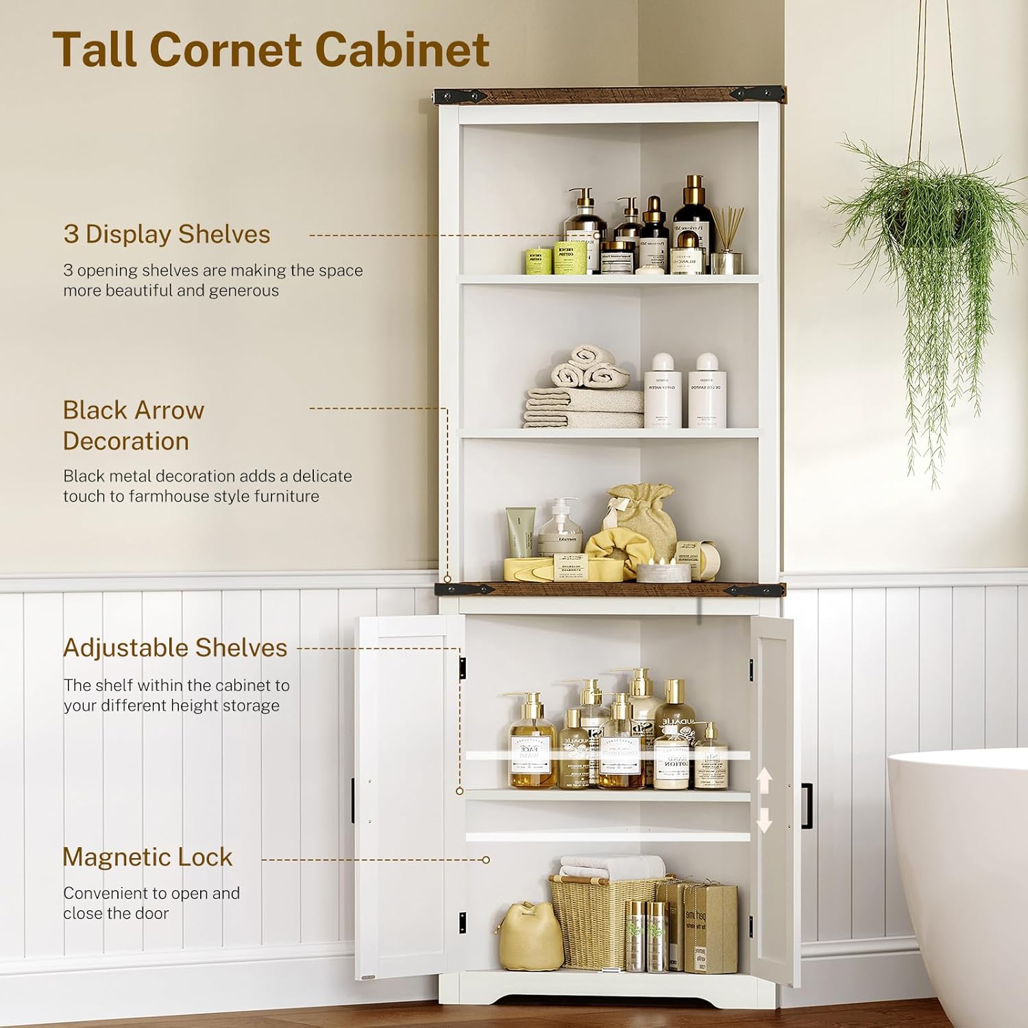 Farmhouse Corner Cabinet, 70" H Tall Corner Hutch with 5 Shelves & 2 Barn Doors, Bathroom Cabinet with Adjustable Shelf