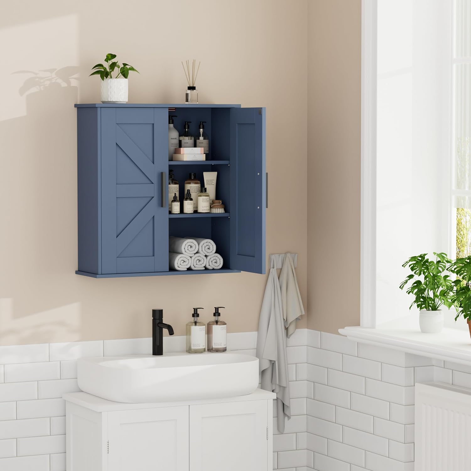 Over Toilet Storage Cabinet with Barn Doors and Adjustable Shelves, 3-Tier Medicine Cabinet Wall Mounted, for Bathroom