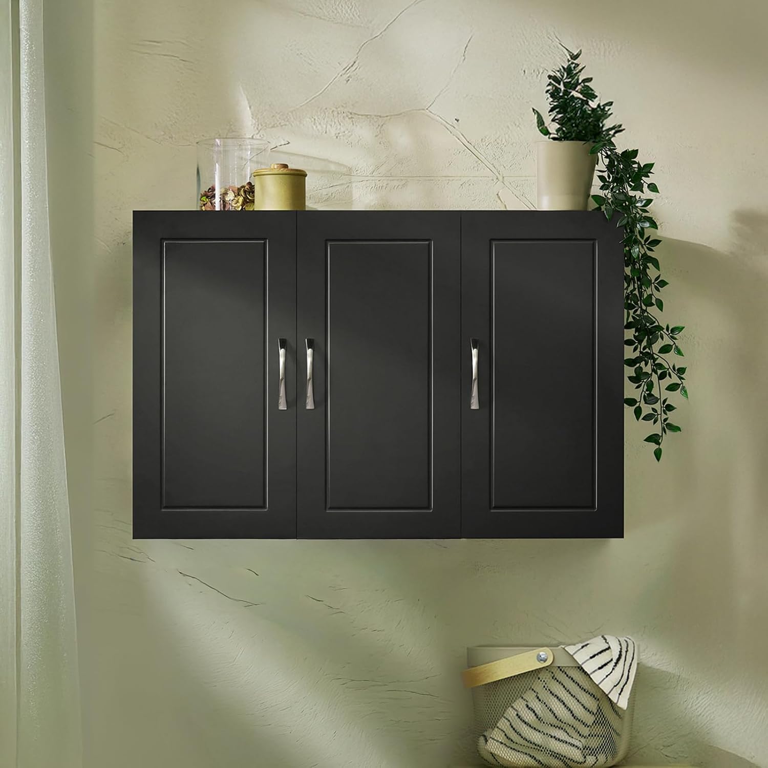 3-Doors Bathroom and Laundry Room Wall Cabinet with Adjustable Shelves, Wall Mounted MDF Storage Organizer Over Toilet or Washer