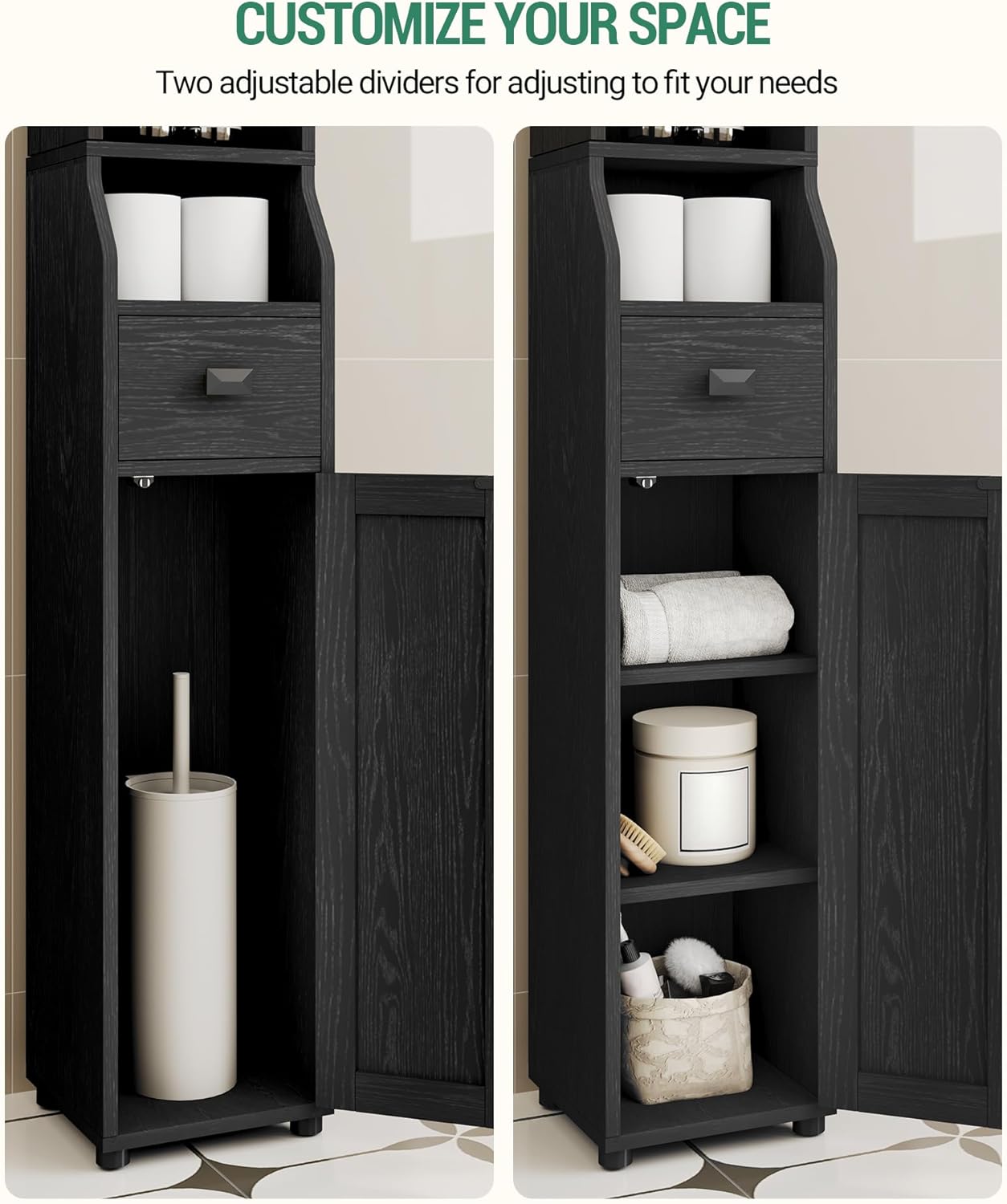 Narrow Tall Bathroom Cabinet, Freestanding Floor Cabinets with 2 Doors and 1 Drawer, Toilets Organizer with Adjustable Shelf