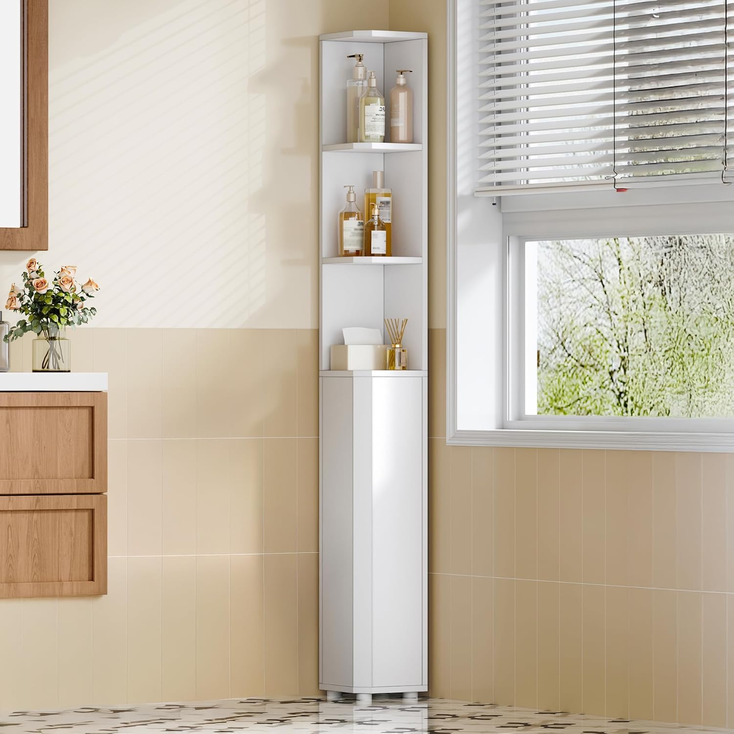 Tall Bathroom Corner Cabinet with Doors, Narrow Storage Cabinets with Adjustable Shelves, Bathroom Organizers and Storage for Small Space
