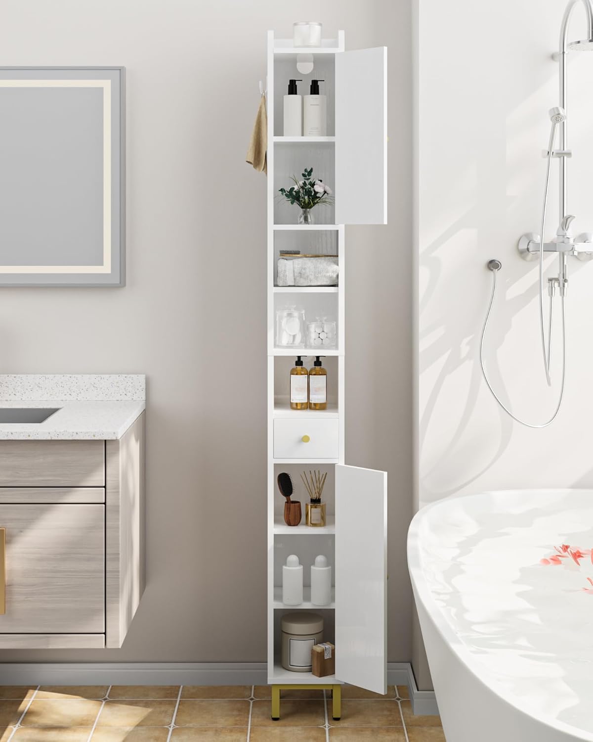 Bathroom Cabinet with Adjustable Shelves, Freestanding Floor Cabinet, Tall Bathroom Storage Cabinet with Doors & Drawer