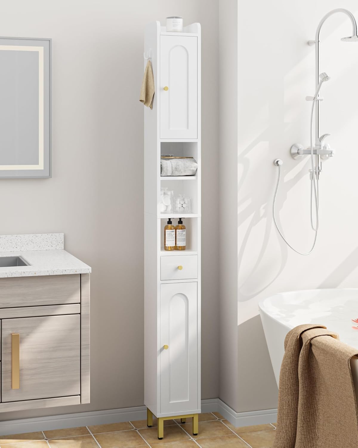 Bathroom Cabinet with Adjustable Shelves, Freestanding Floor Cabinet, Tall Bathroom Storage Cabinet with Doors & Drawer