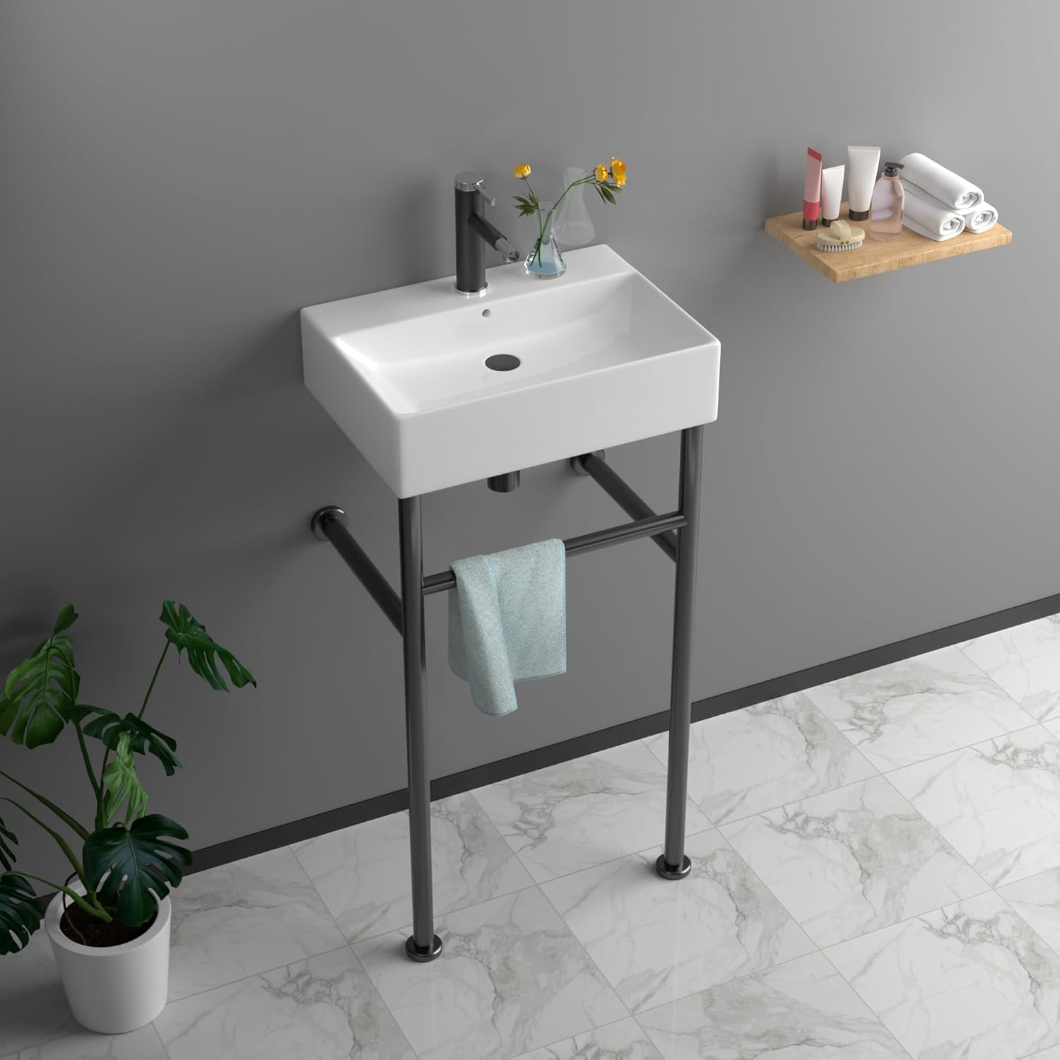 20"x12" Modern Console Bathroom Sink with Black Stainless Steel Pedestal Legs