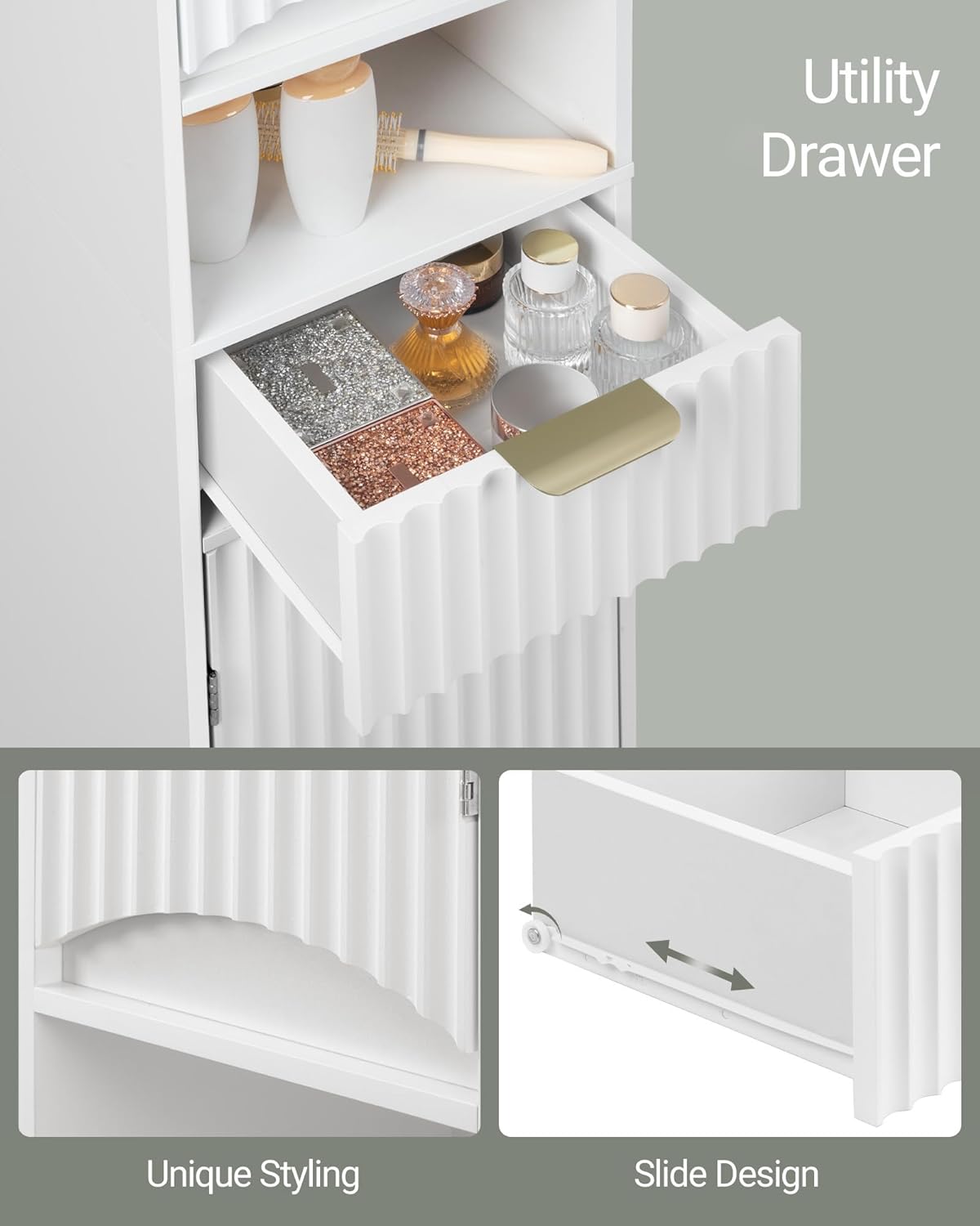 Tall Storage Cabinet with 2 Doors & 1 Drawer, Cabinets with Adjustable Shelves & Wave Doors, Silm Bathroom Cabinets