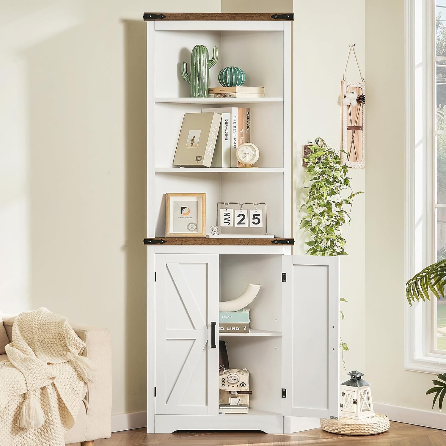 Farmhouse Corner Cabinet, 70" H Tall Corner Hutch with 5 Shelves & 2 Barn Doors, Bathroom Cabinet with Adjustable Shelf