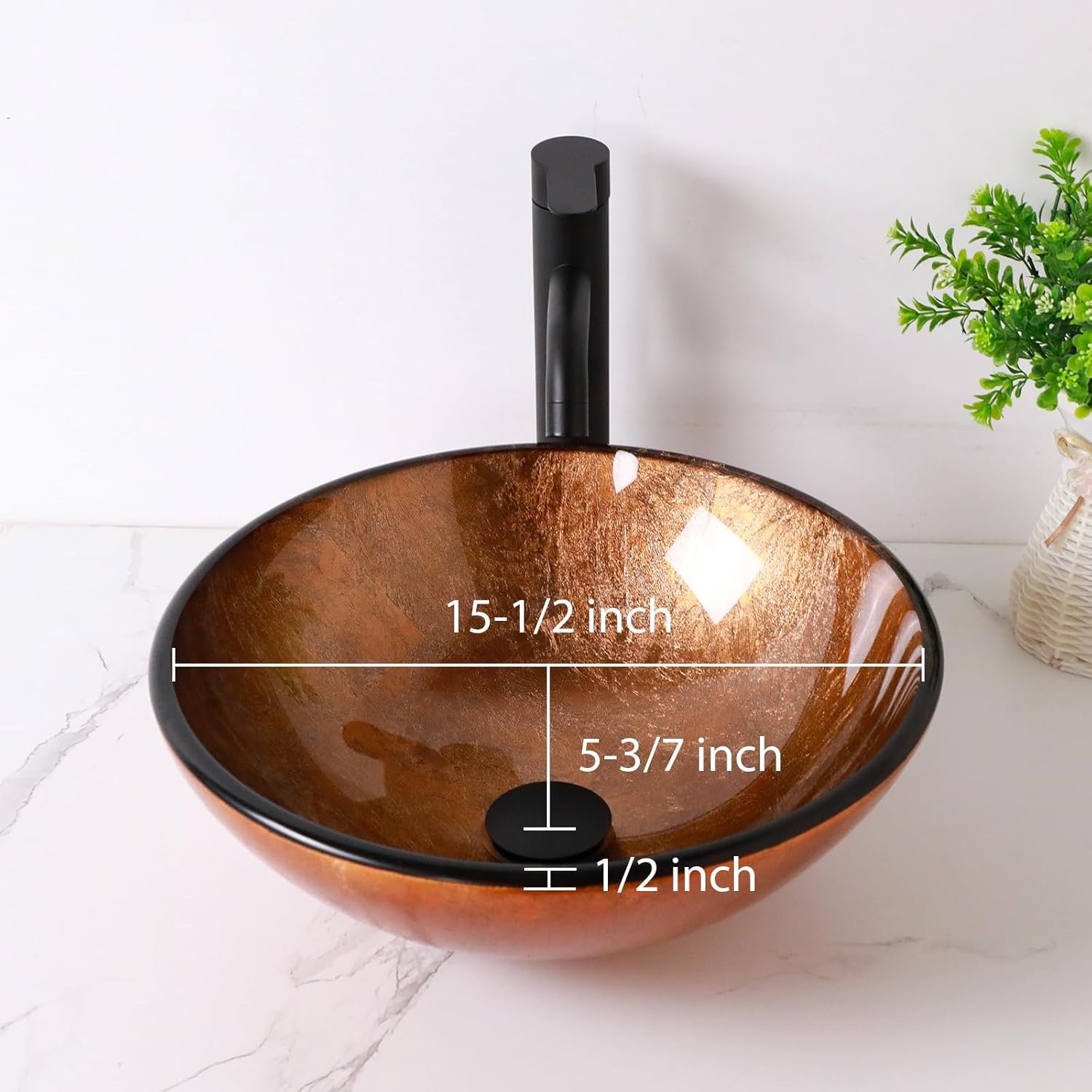 16" Brown Glass Vessel Sink And Drain Combo Modern Round Shape Artistic Basin Bathroom Vessel Sink