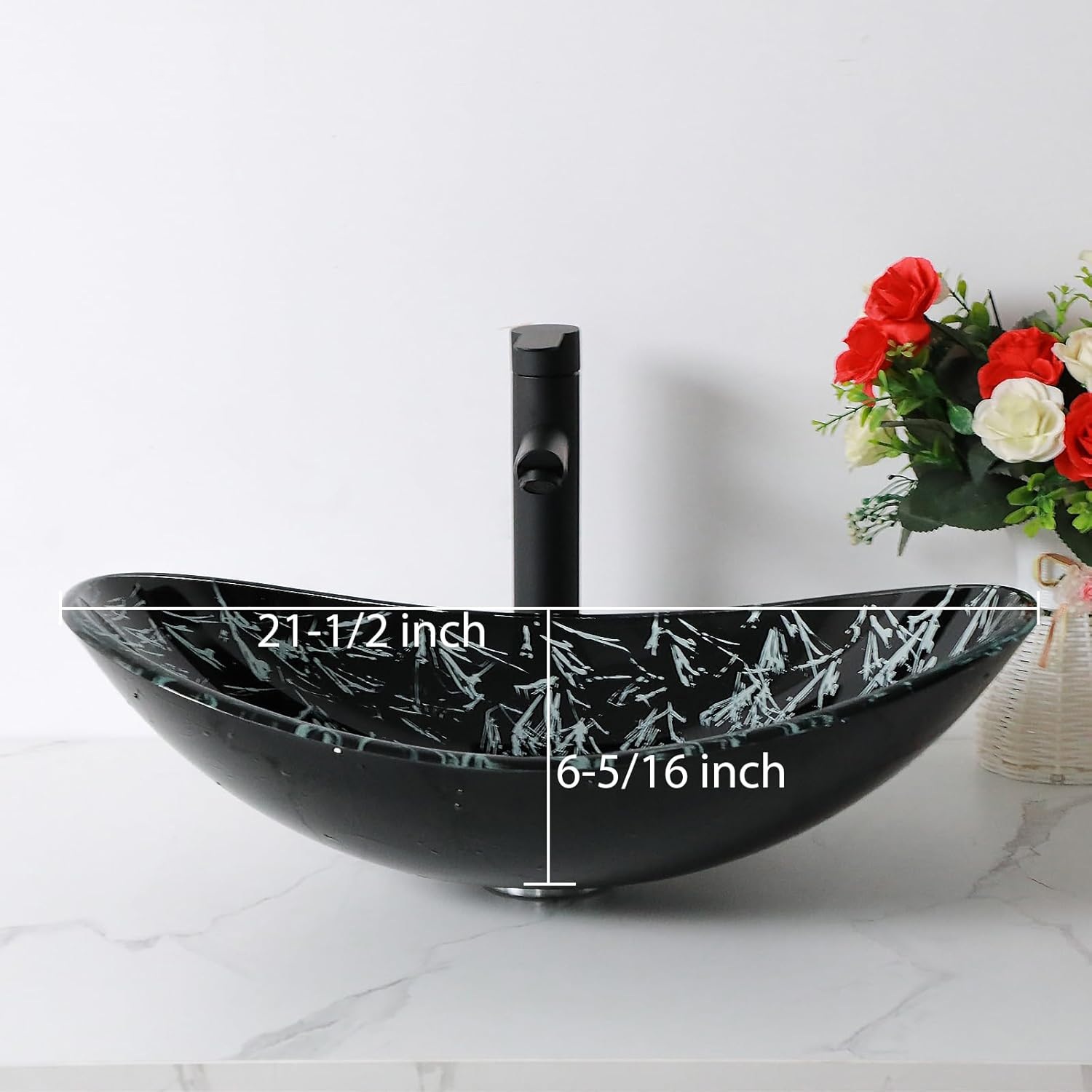 21" Black Glass Vessel Sink With Faucet And Drain Combo Modern Boat Shape Artistic Basin