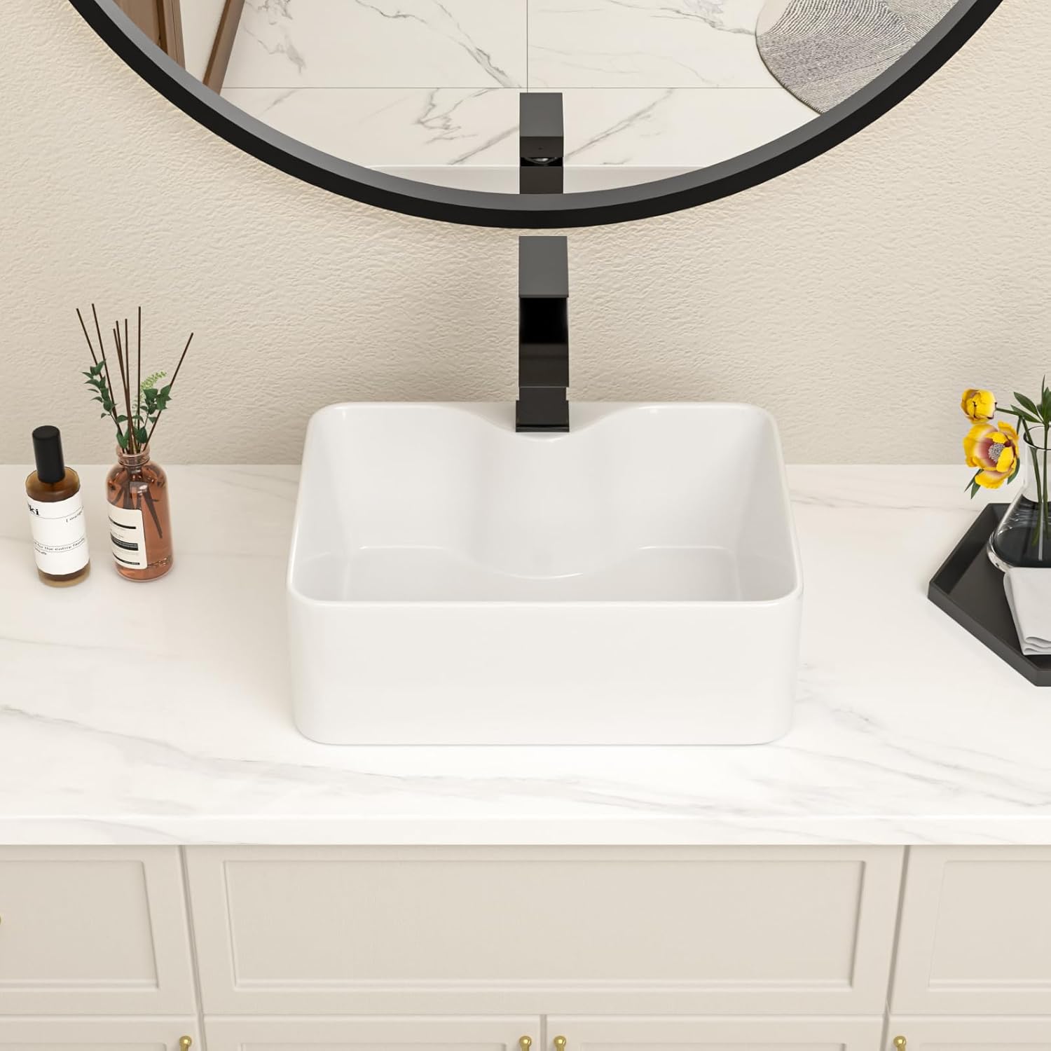 16" x 12" Rectangle Vessel Sink With Black Faucet And Black Drain Combo Bowl Sink Bathroom Vessel Sink
