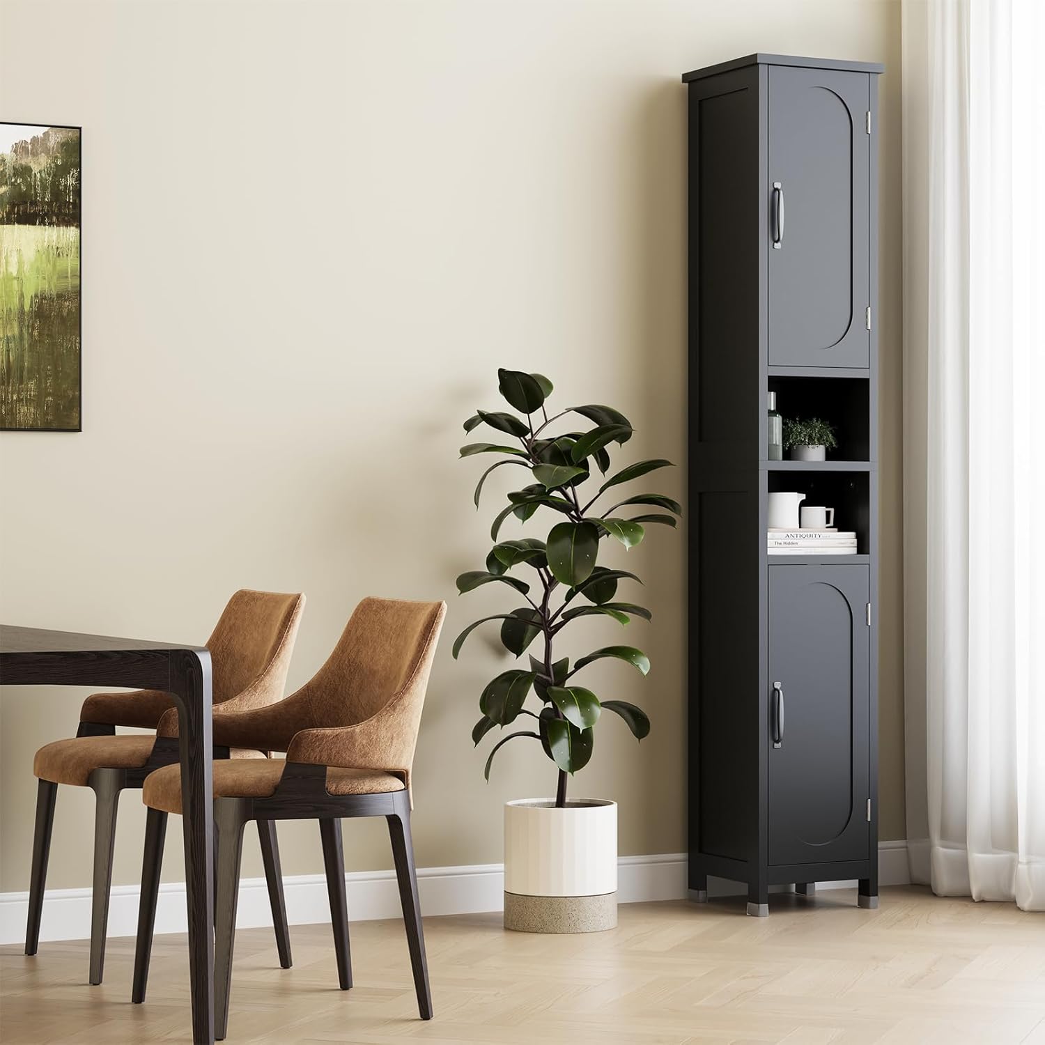 67" Tall Bathroom Storage Cabinet with Lights, Slim Narrow Bathroom Cabinet Organizer with Doors and Adjustable Shelves, Tall Cabinet for Small Space