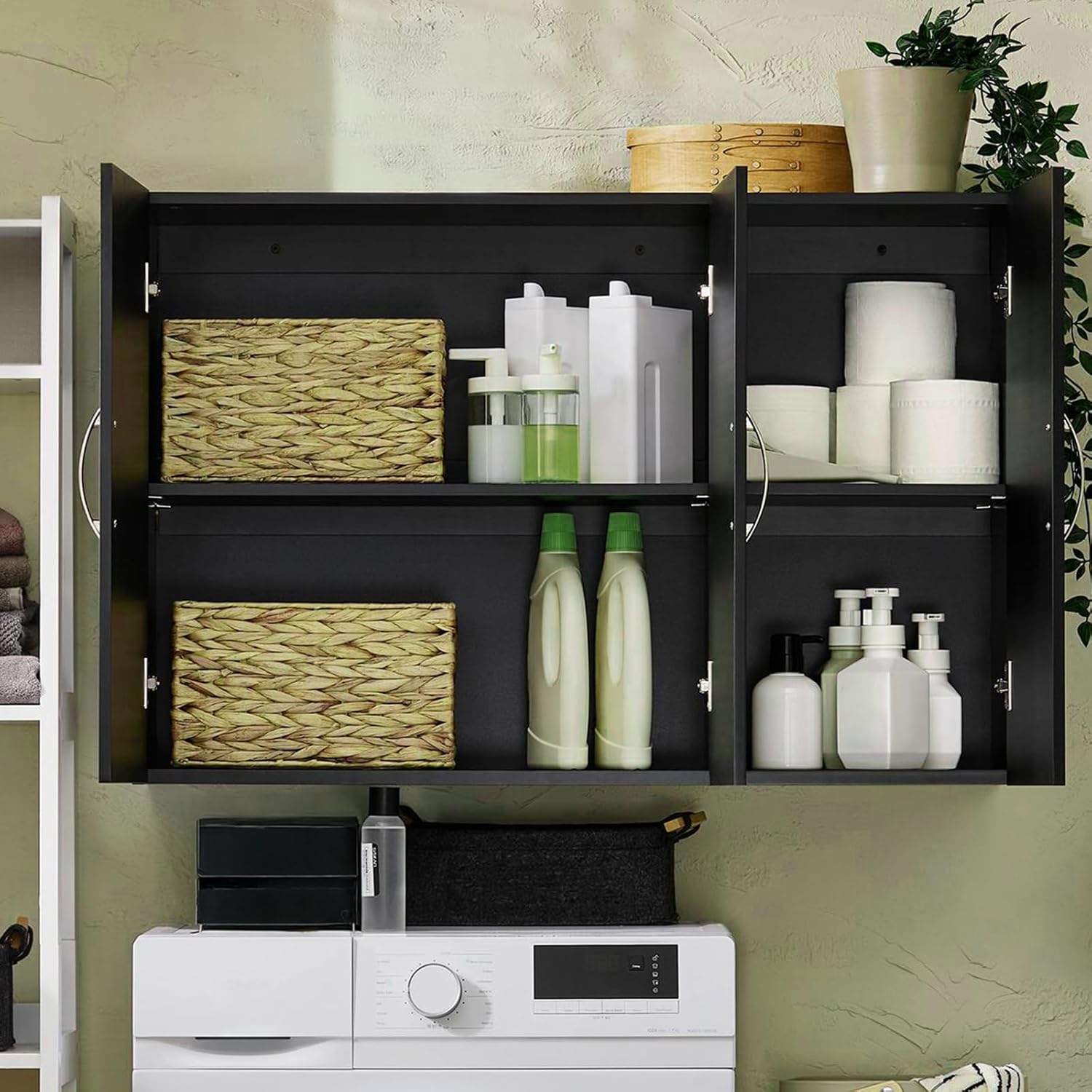 3-Doors Bathroom and Laundry Room Wall Cabinet with Adjustable Shelves, Wall Mounted MDF Storage Organizer Over Toilet or Washer