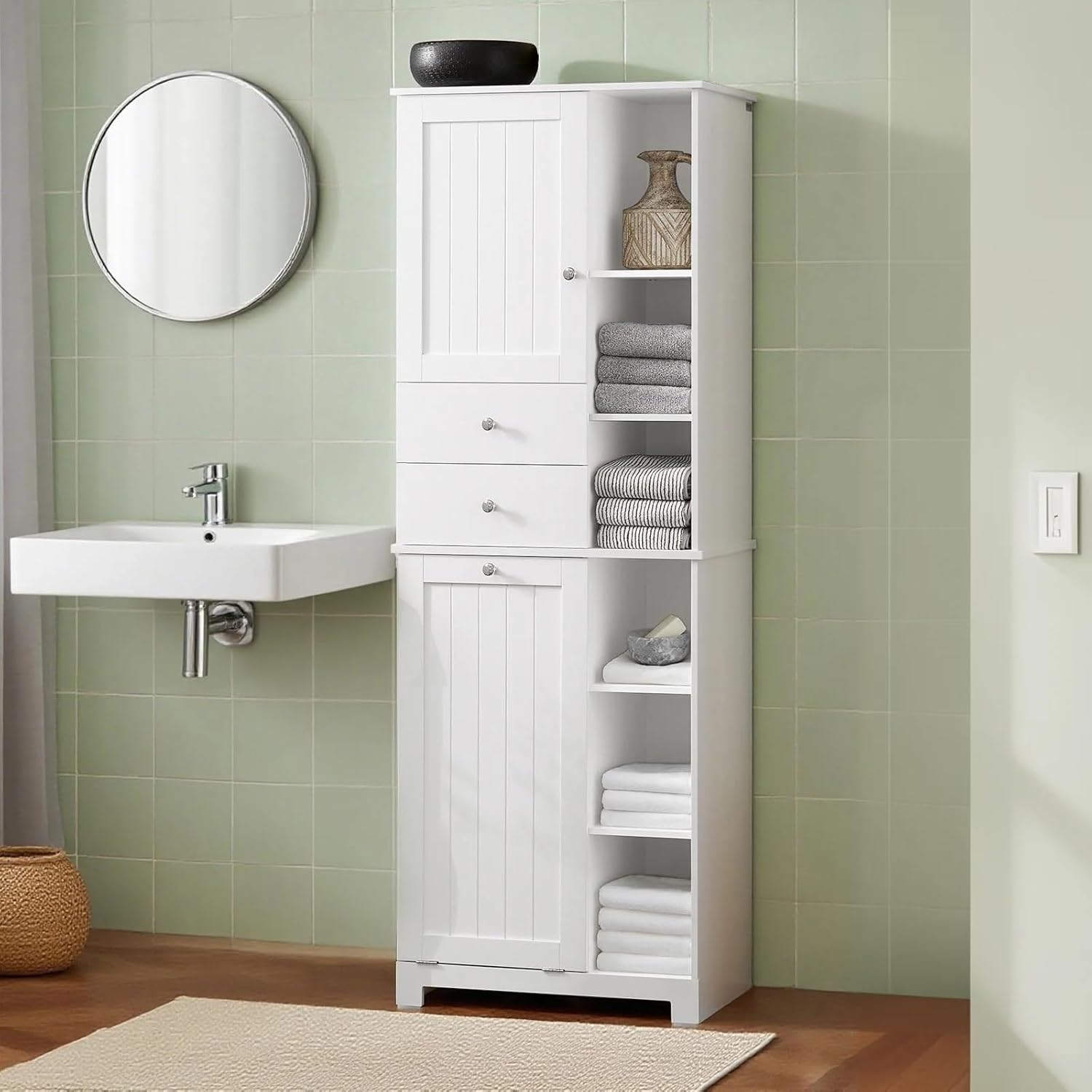 Storage Cabinet with Tilt-Out Hamper and Removable Basket, Freestanding Bathroom Laundry Cabinet with Shelves