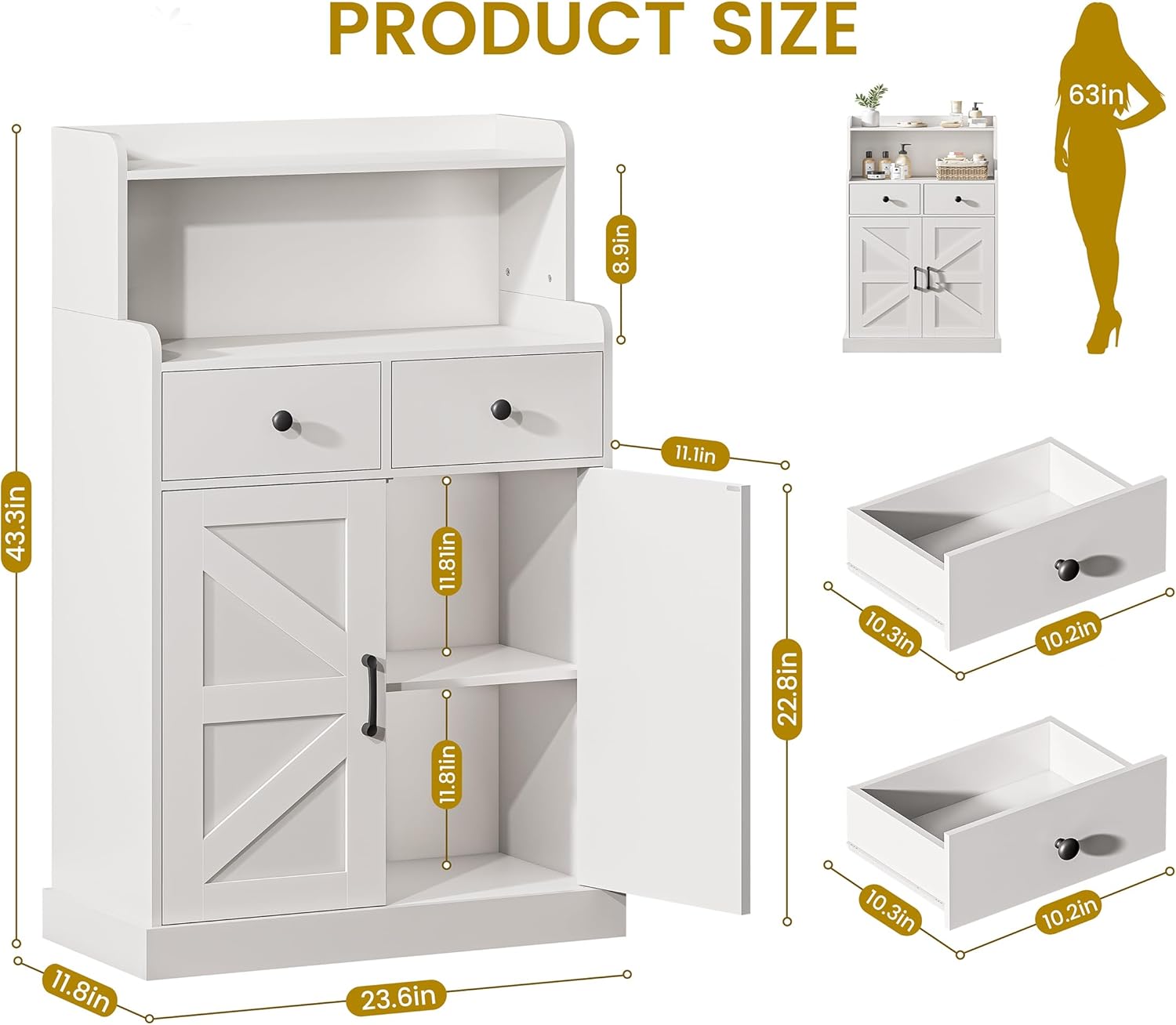 Bathroom Floor Cabinet, Bathroom Storage Cabinet with 2 Drawers and Open Shelf, Freestanding Storage Unit with 2 Doors and Shelves