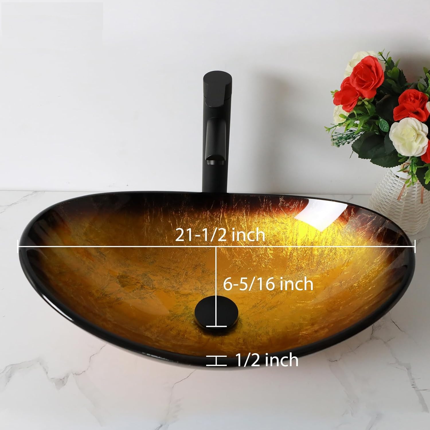 21" Yellow Glass Vessel Sink With Faucet And Drain Combo Modern Boat Shape Artistic Basin
