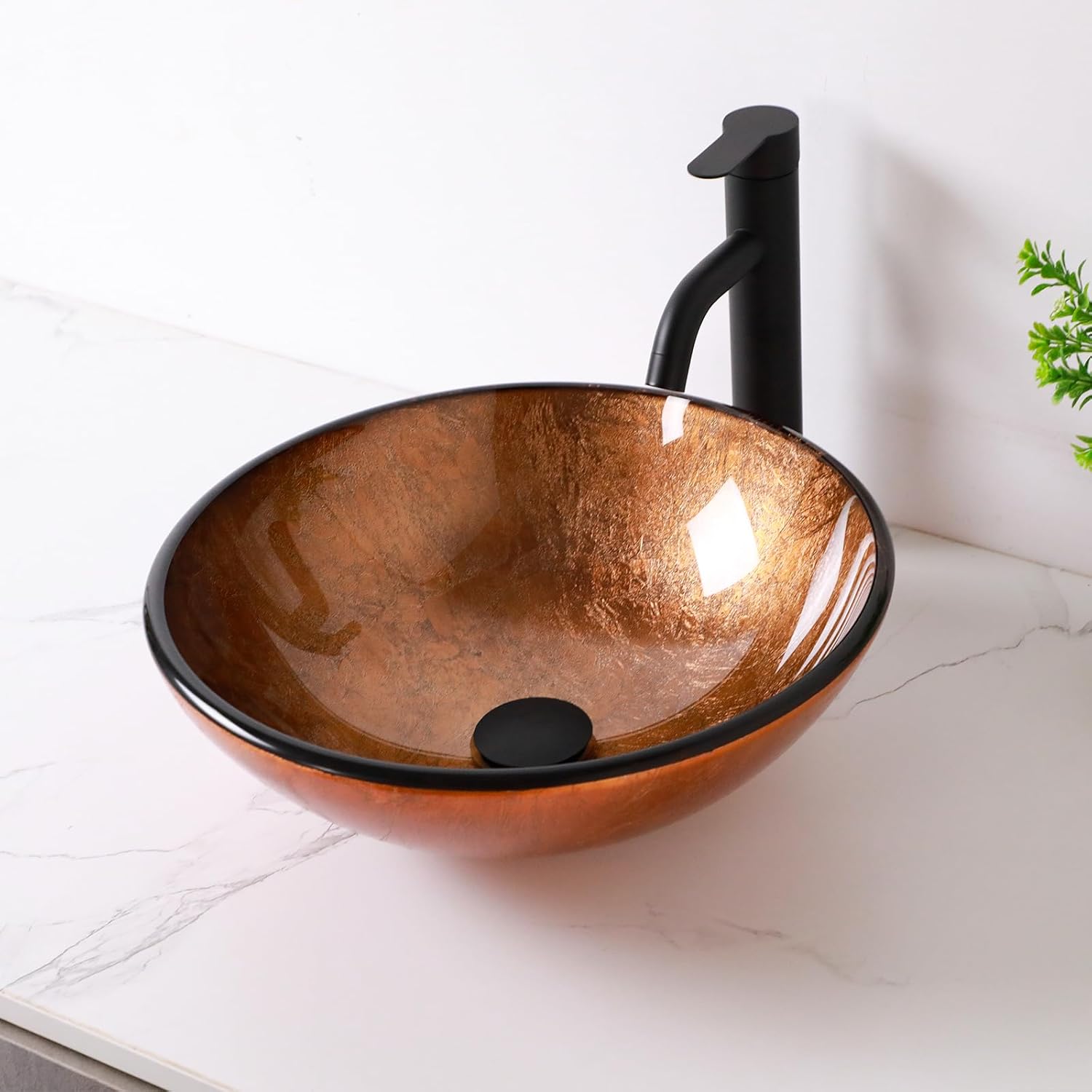 16" Brown Glass Vessel Sink And Drain Combo Modern Round Shape Artistic Basin Bathroom Vessel Sink