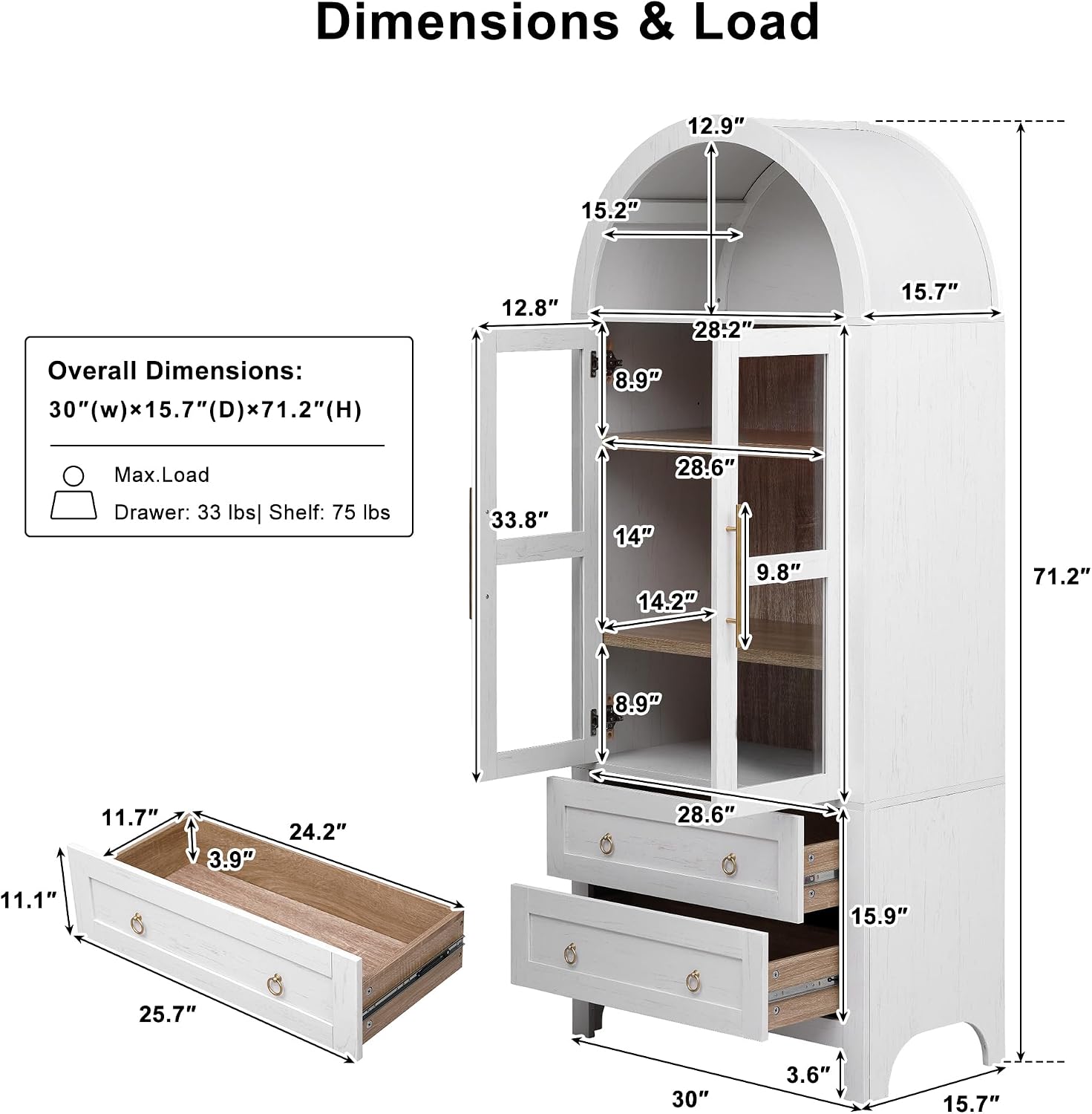 Farmhouse Wood Kitchen Storage Cabinet With Adjustable Shelves, Glass Door