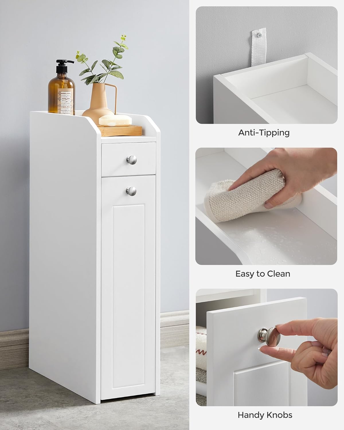 Slim Storage Cabinet, Narrow Storage Organizer with Slide Out Drawers, Freestanding Toilet Paper Holder, Small Space Skinny Cabinet for Bathroom Kitchen Corner, Cloud White