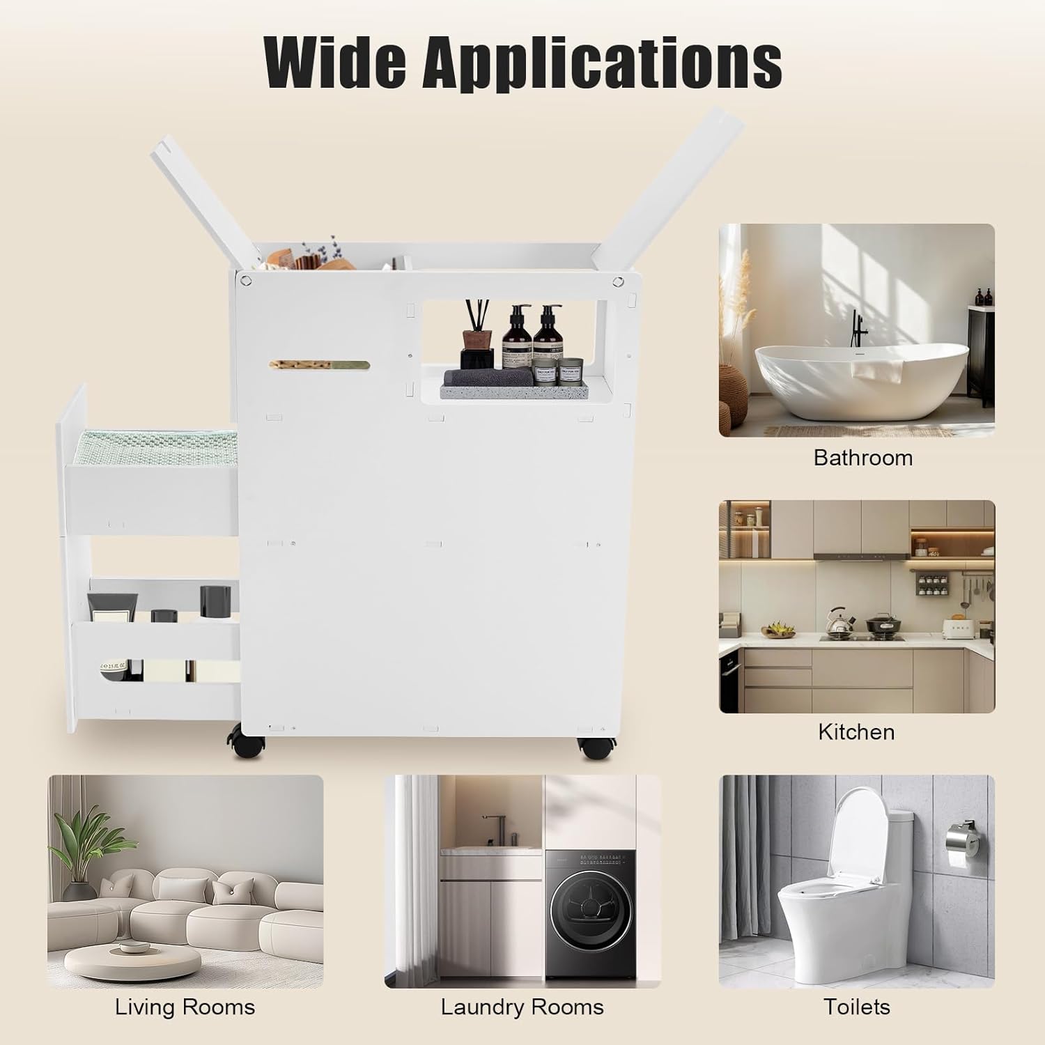 3-Tier Drawers Bathroom Storage Cabinet with Wheels, Narrow Bathroom Organizer with Flip Top, Free Standing Toilet Paper Holder White PVC Floor Cabinet