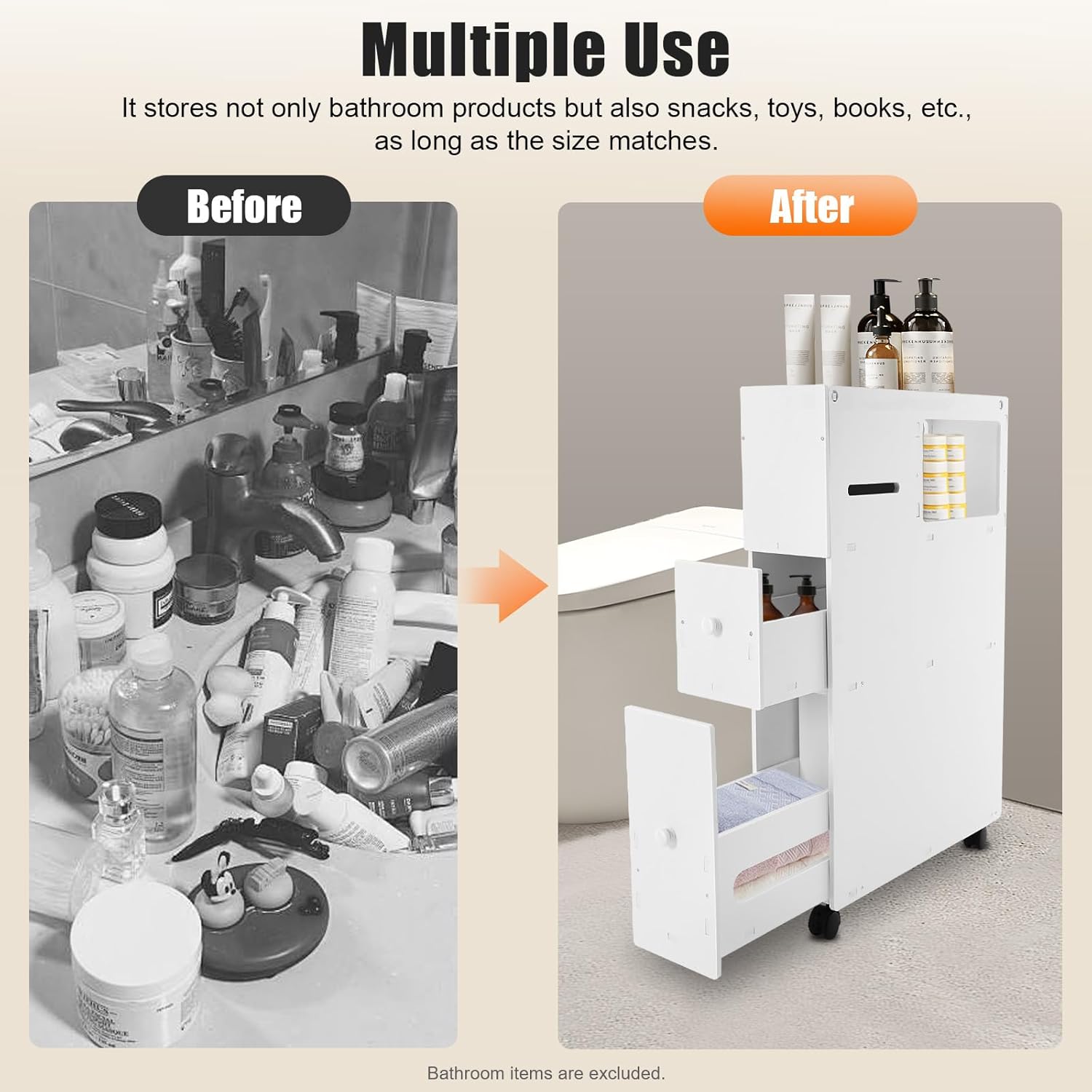 3-Tier Drawers Bathroom Storage Cabinet with Wheels, Narrow Bathroom Organizer with Flip Top, Free Standing Toilet Paper Holder White PVC Floor Cabinet