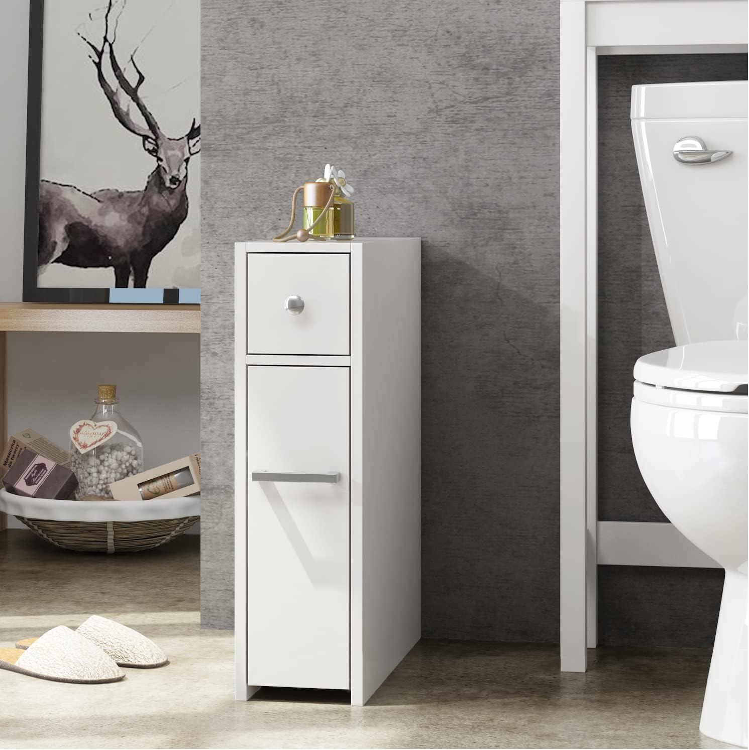 Slim Bathroom Storage Cabinet, Free Standing Toilet Paper Holder, Bathroom Cabinet Slide Out Drawer Storage