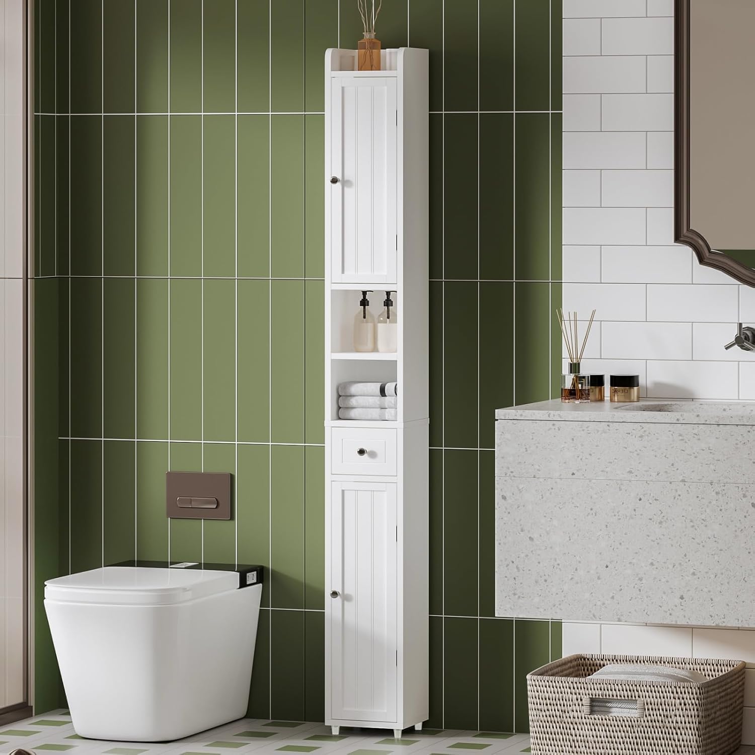 Narrow Bathroom Storage Cabinet with Adjustable Shelves, Tall Storage Cabinet with 2 Doors and 1 Drawer, Freestanding Cupboard for Small Spaces