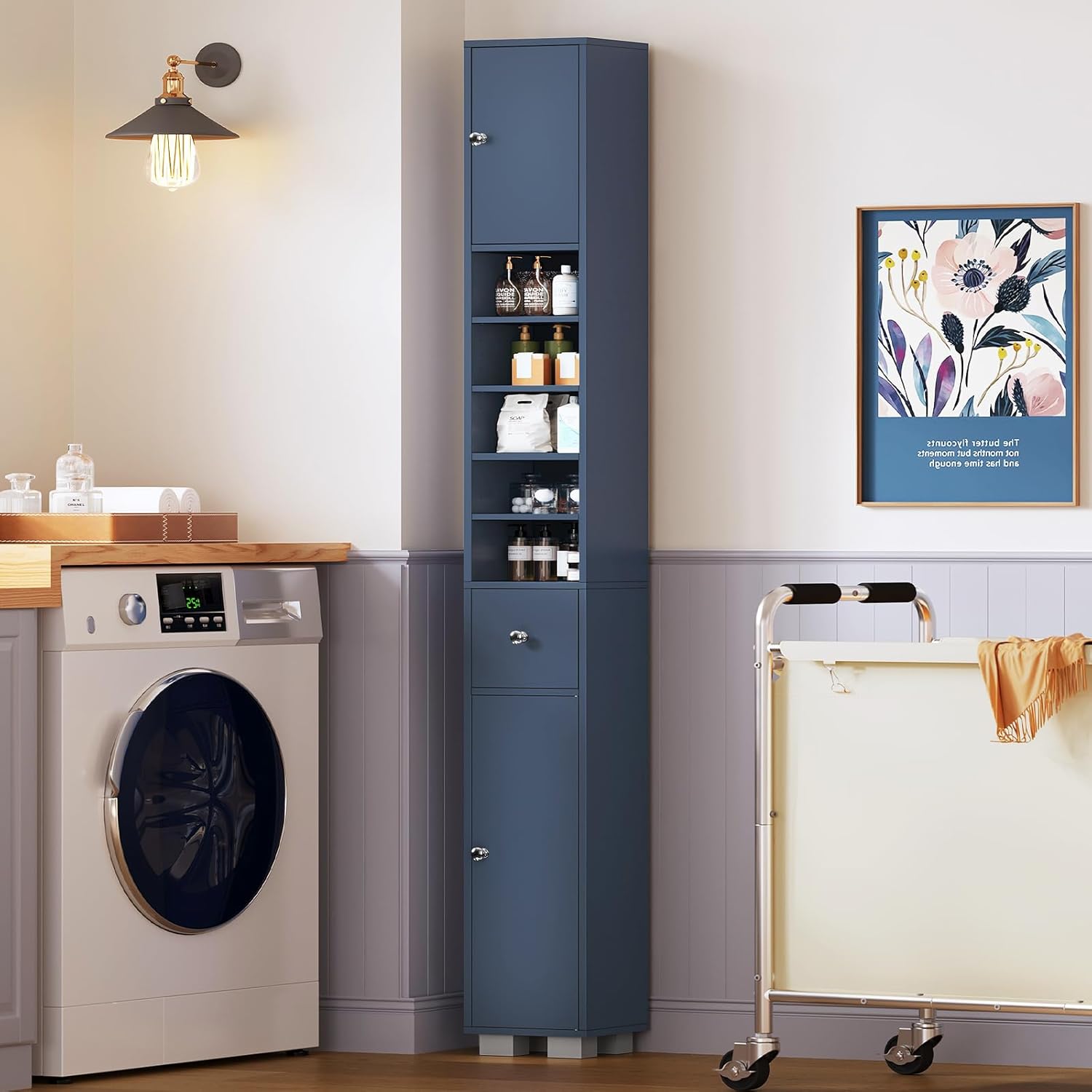 Narrow Bathroom Storage Cabinet with 5 Adjustable Shelves & Drawer, Freestanding Cupboard for Small Spaces
