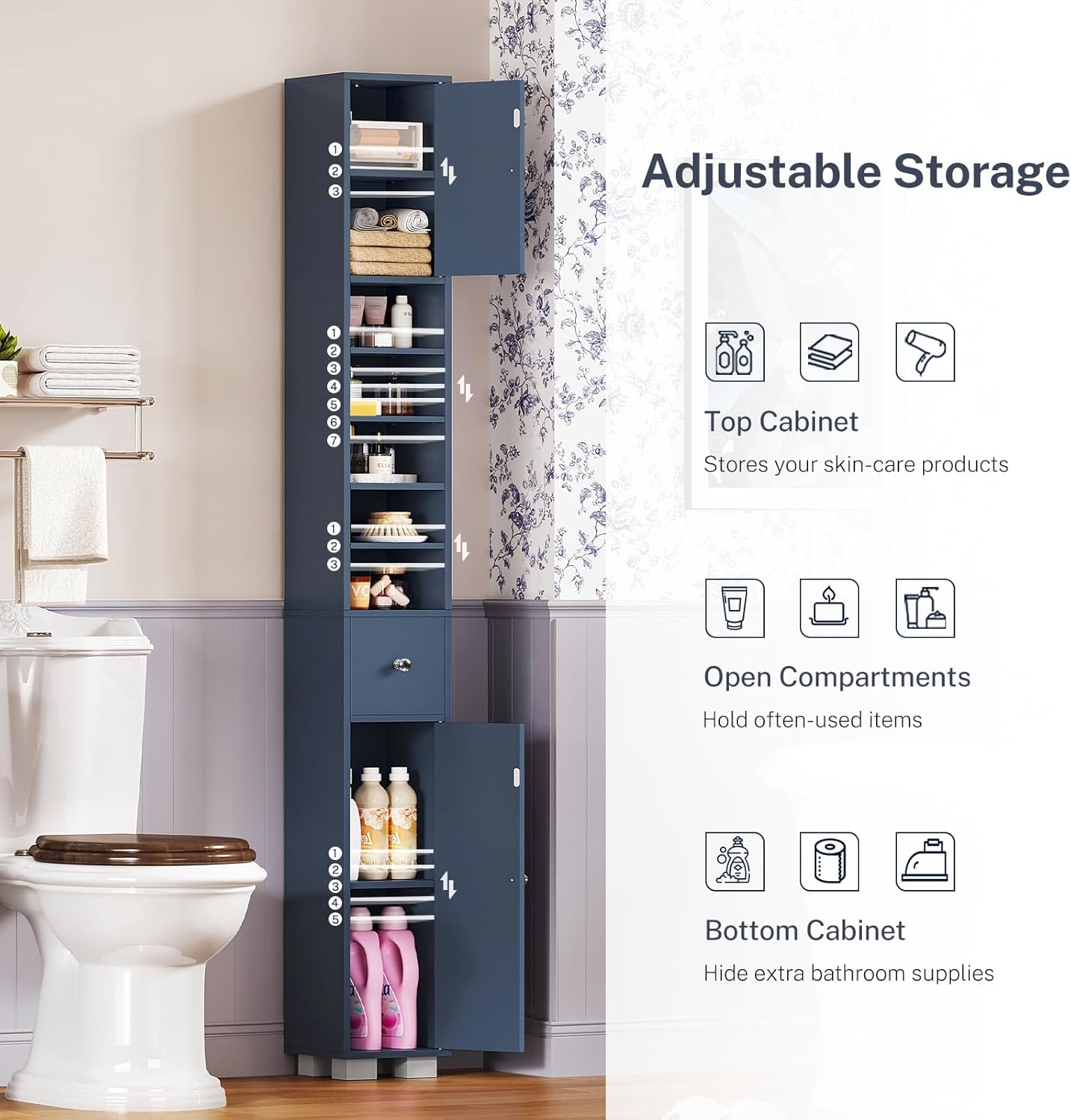 Narrow Bathroom Storage Cabinet with 5 Adjustable Shelves & Drawer, Freestanding Cupboard for Small Spaces