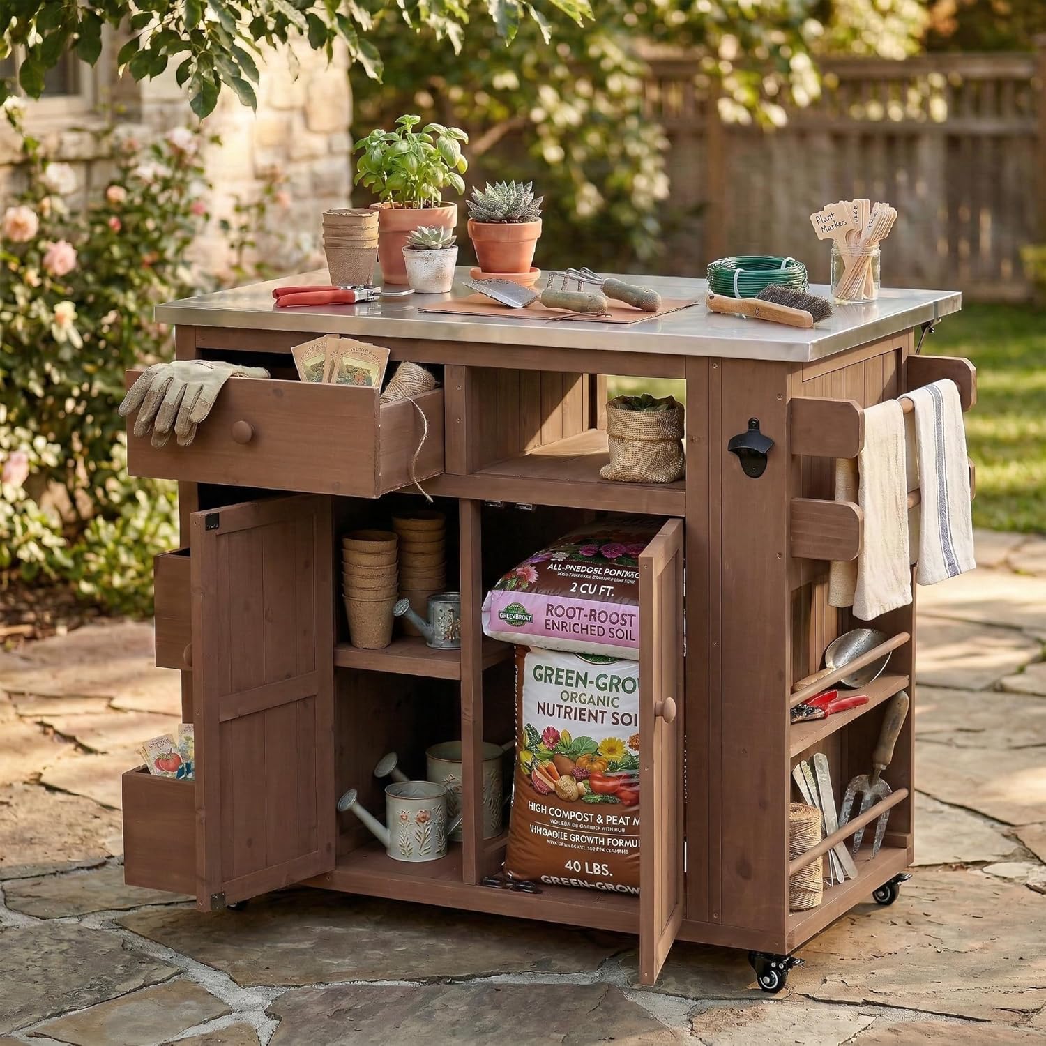 Outdoor Extendable Kitchen Island & BBQ Prep Cart with Stainless Steel Top