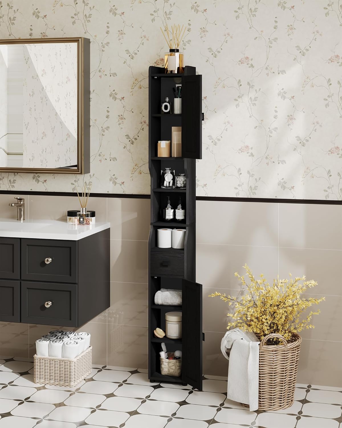 Narrow Tall Bathroom Cabinet, Freestanding Floor Cabinets with 2 Doors and 1 Drawer, Toilets Organizer with Adjustable Shelf