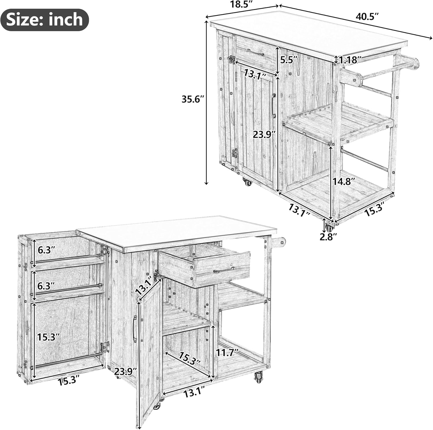 40.5" Outdoor Kitchen Grill Cart Island, Fir Wood Prep Station with Stainless Steel Top