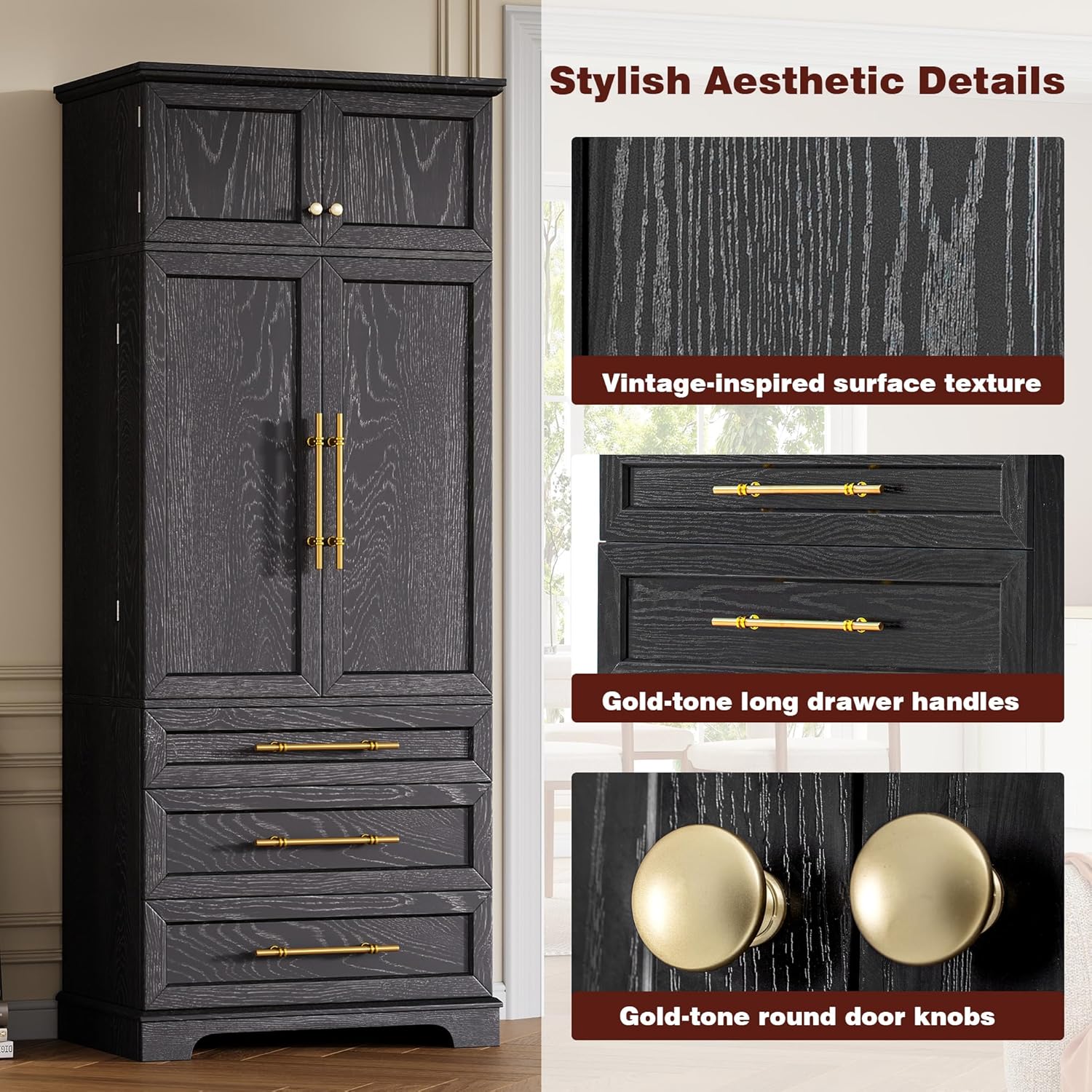 78.2" Tall Farmhouse Kitchen Pantry Cabinet With 3 Large Drawers