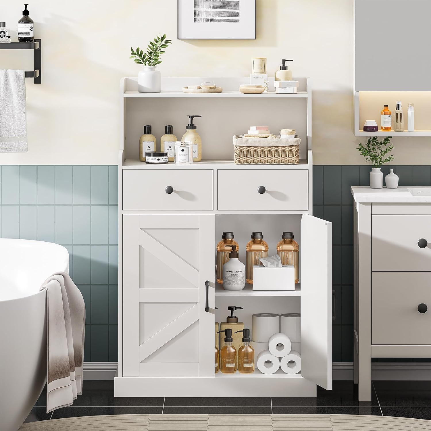 Bathroom Floor Cabinet, Bathroom Storage Cabinet with 2 Drawers and Open Shelf, Freestanding Storage Unit with 2 Doors and Shelves