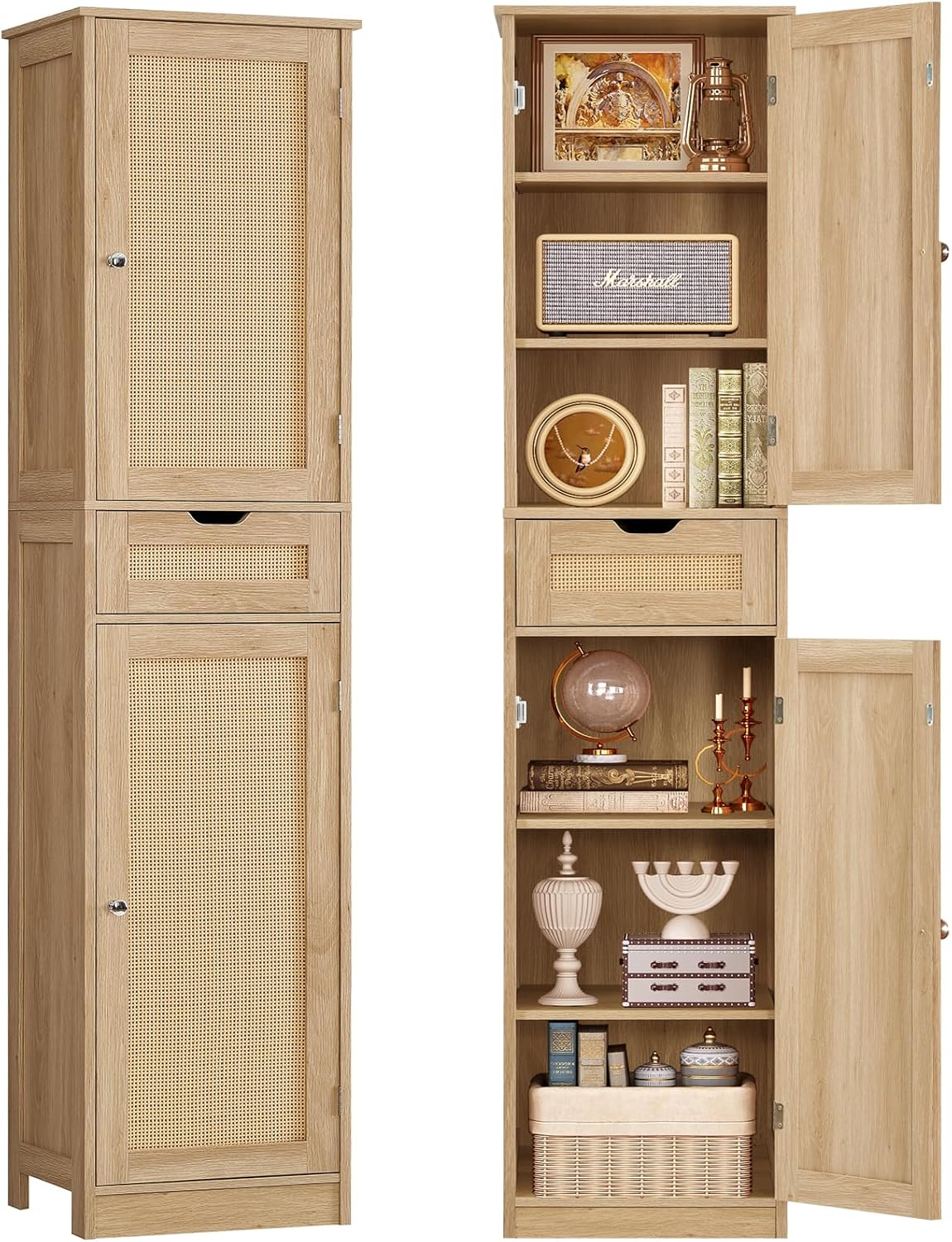 67" H Tall Storage Cabinet with 2 Rattan Doors and 1 Drawer, Narrow Rattan Cabinet with Adjustable Shelves