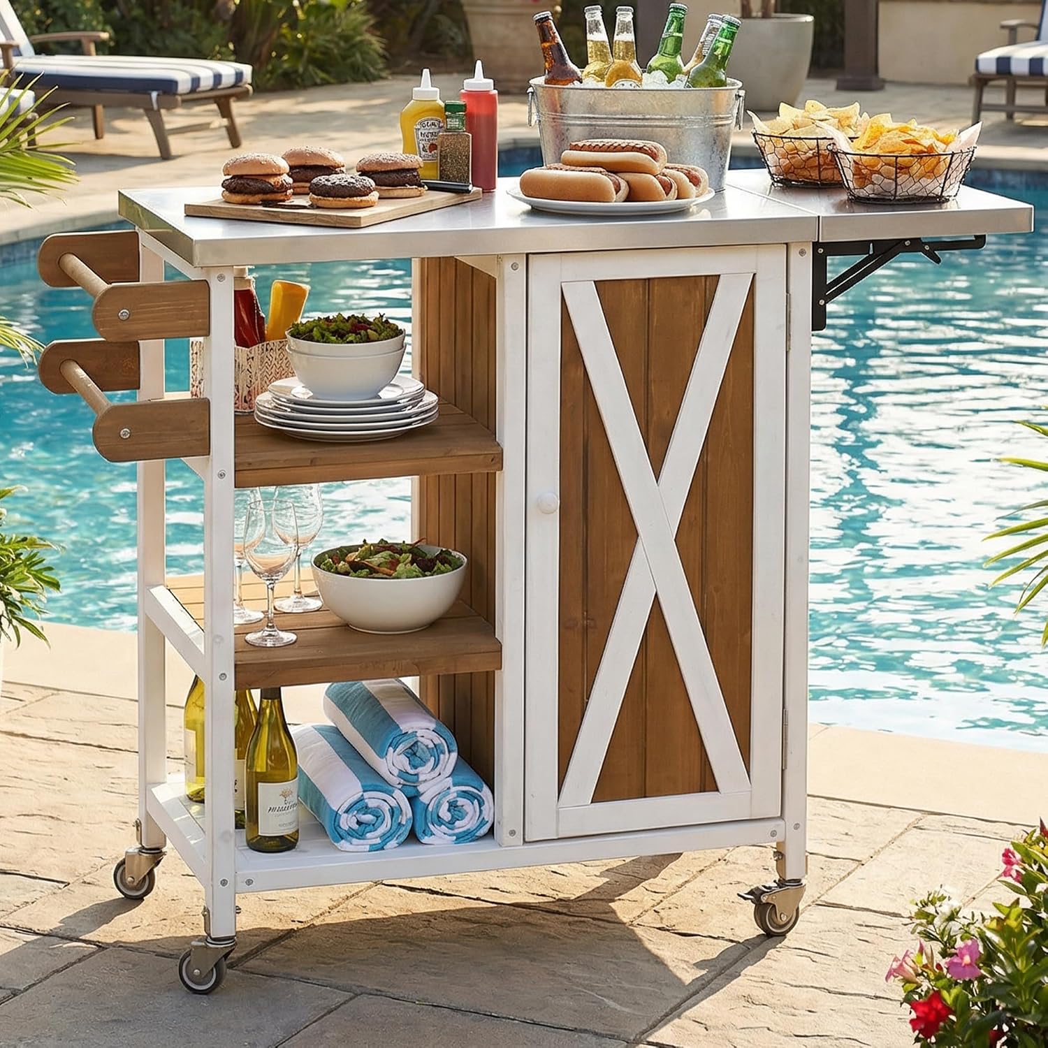 Foldable Outdoor Kitchen Cart with Storage Cabinet