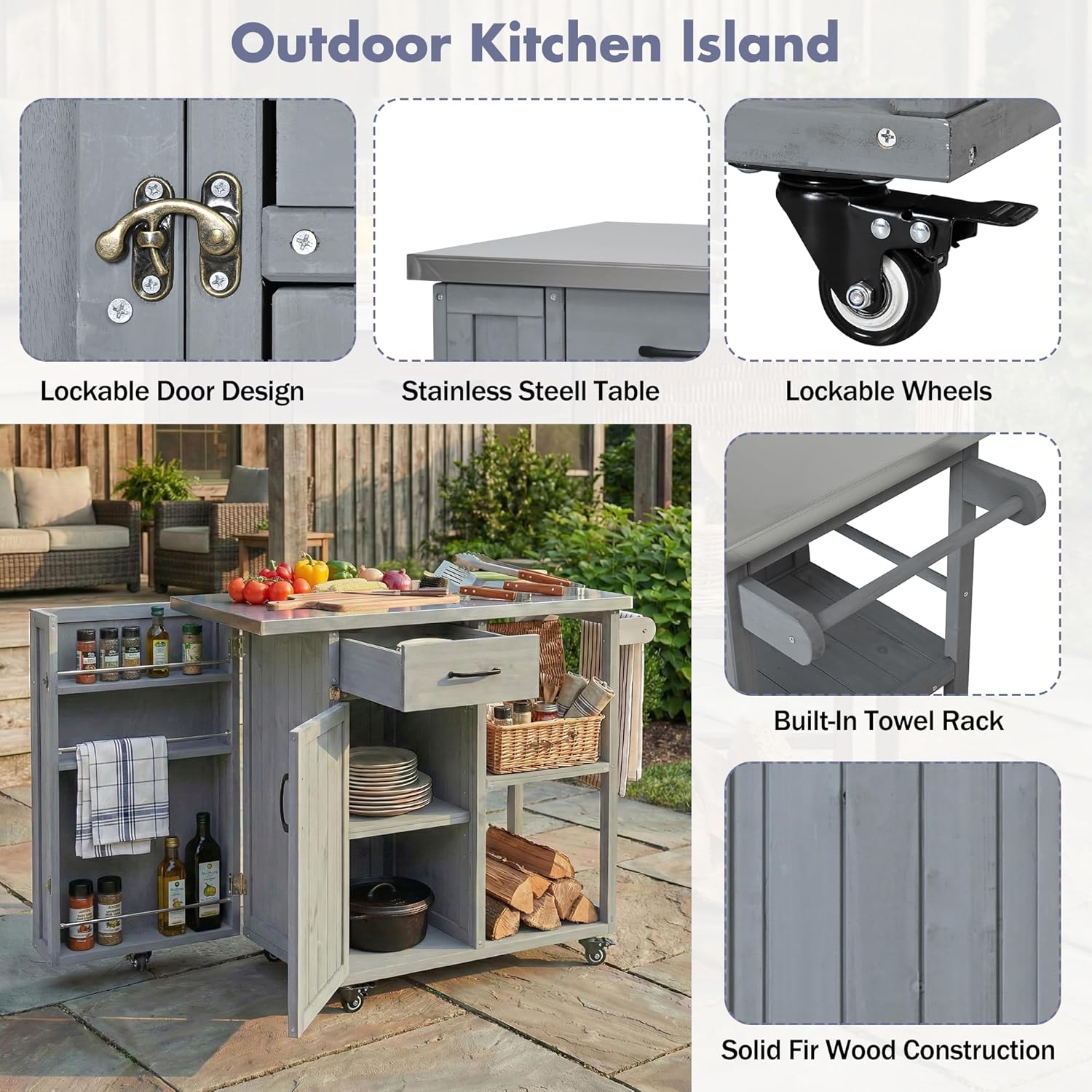 40.5" Outdoor Kitchen Grill Cart Island, Fir Wood Prep Station with Stainless Steel Top