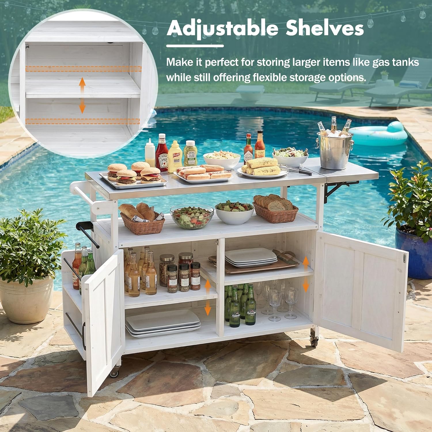 Foldable Grill Cart with Stainless Steel Tabletop & Lockable Wheels for Poolside, Garden, Patio, Backyard (White)