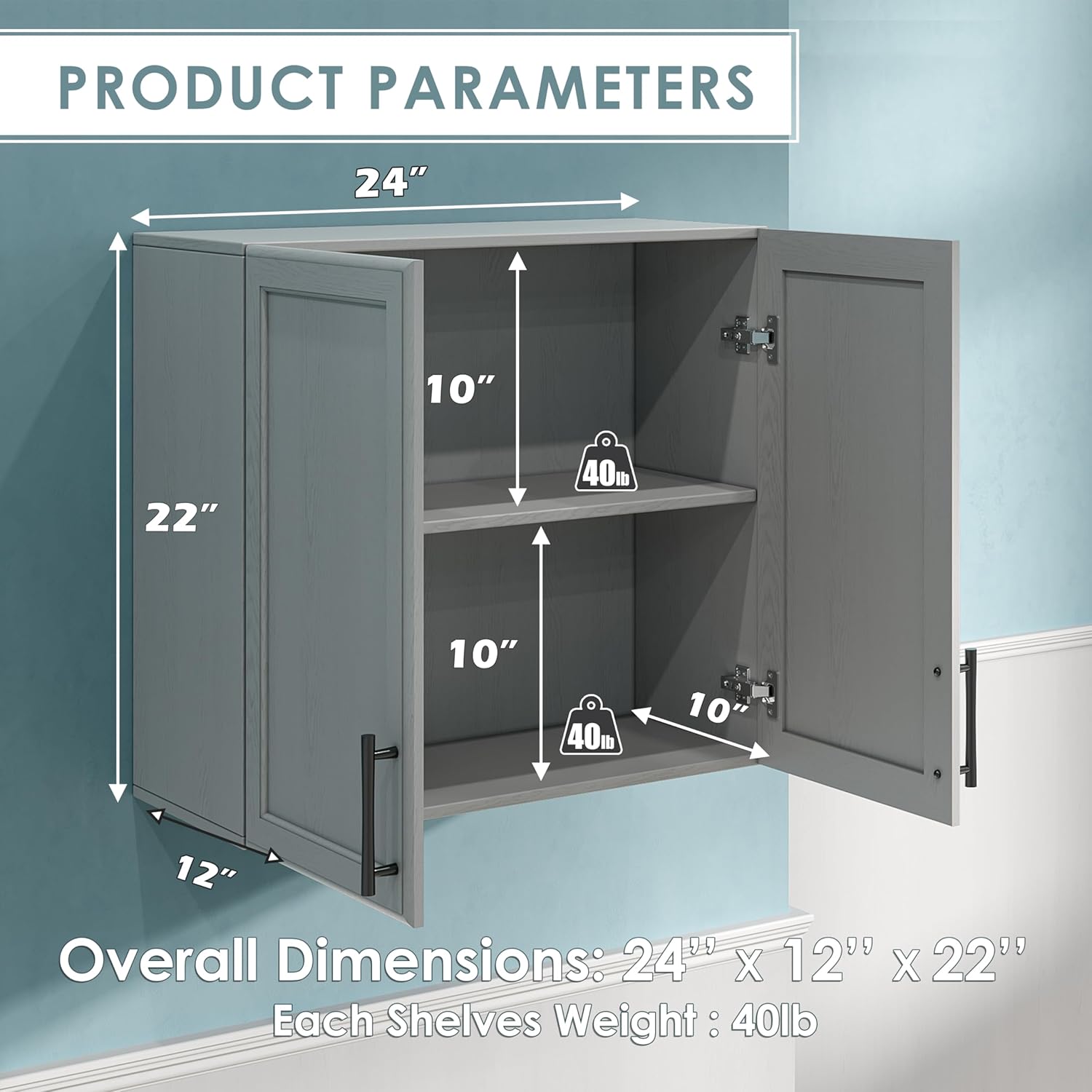 Kitchen Laundry Wall Amount Cabinet with Two Shaker Doors and Shelf