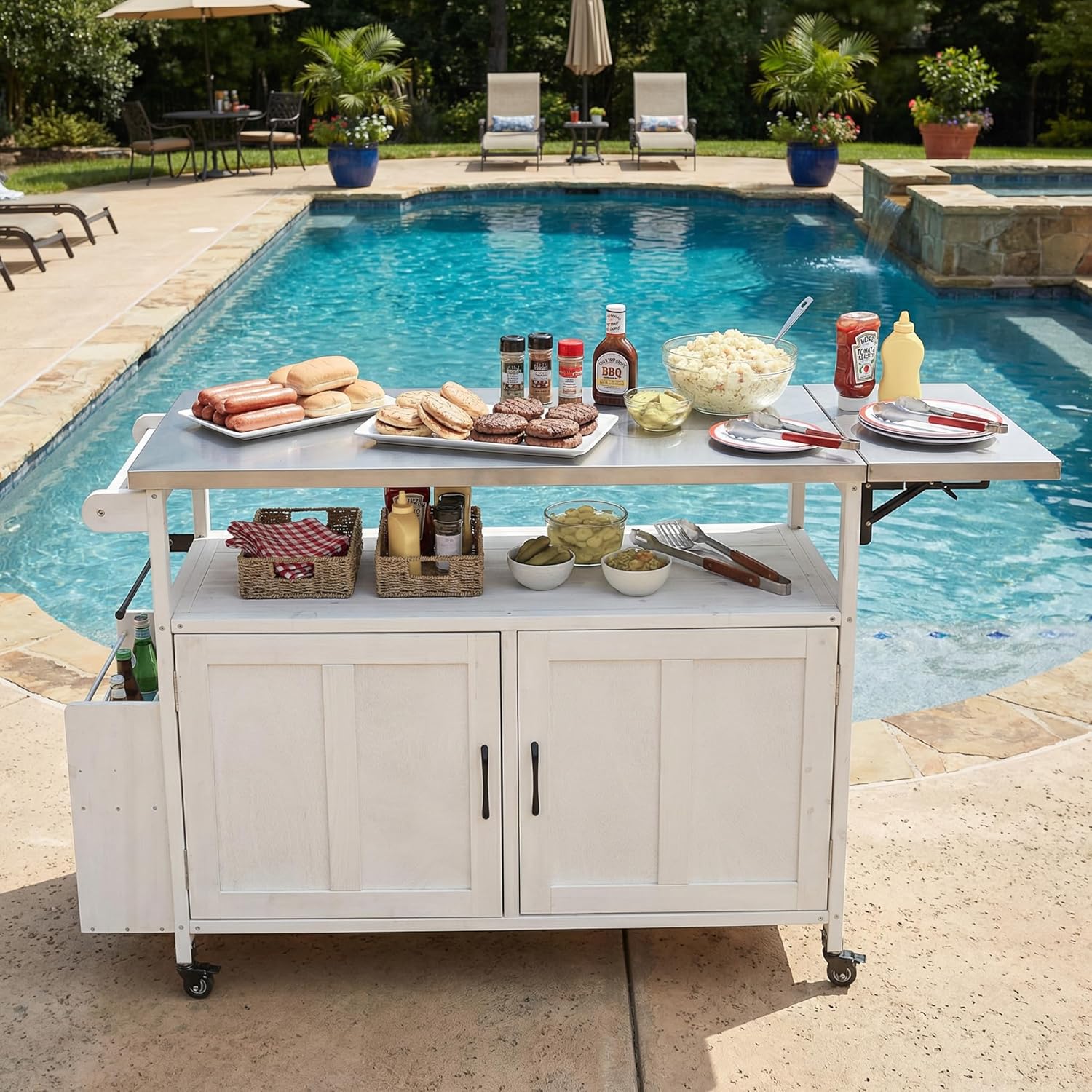Foldable Grill Cart with Stainless Steel Tabletop & Lockable Wheels for Poolside, Garden, Patio, Backyard (White)