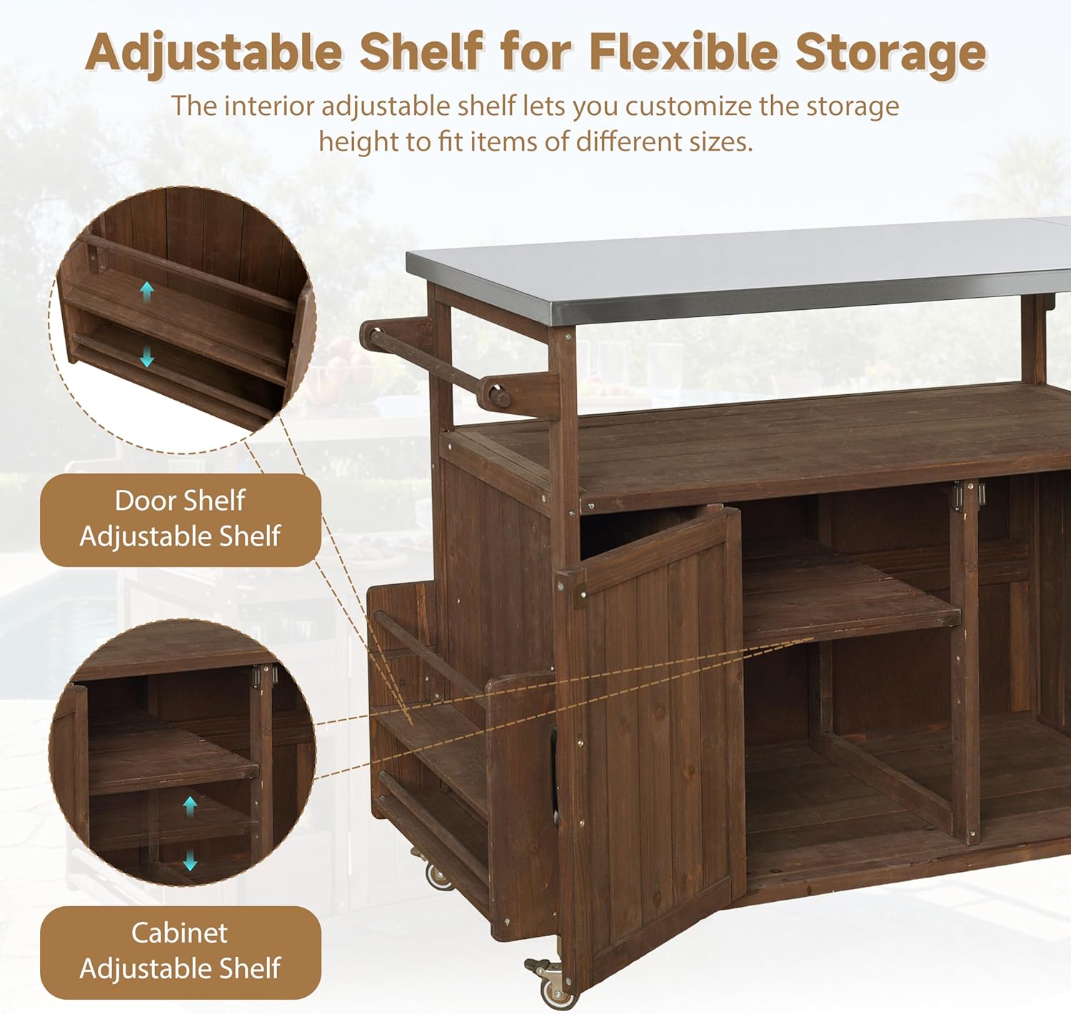Rolling Outdoor Kitchen Cart with Stainless Steel Top& Solid Wood Frame
