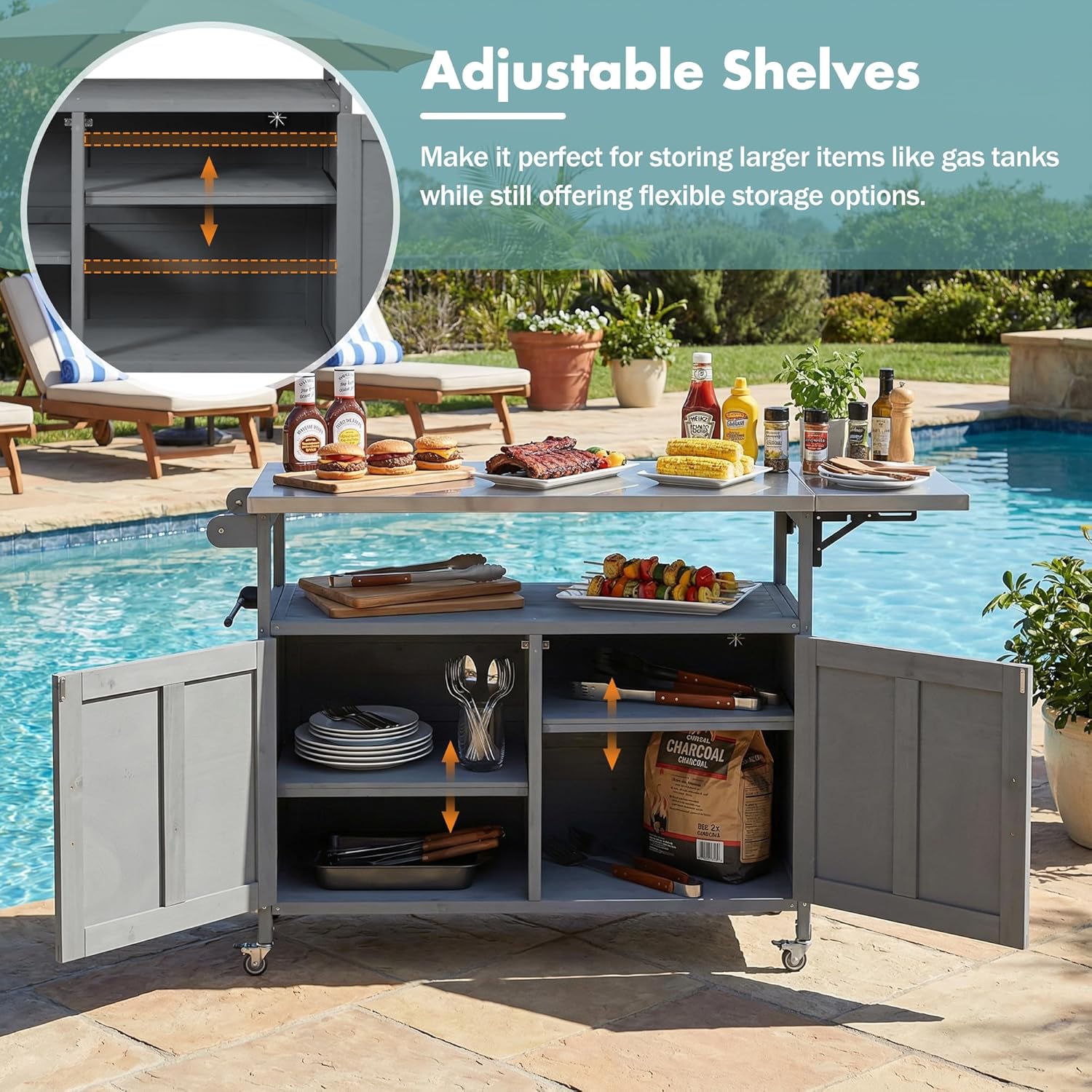 60.6" Outdoor Kitchen Rolling Bar Cart with Storage Cabinet