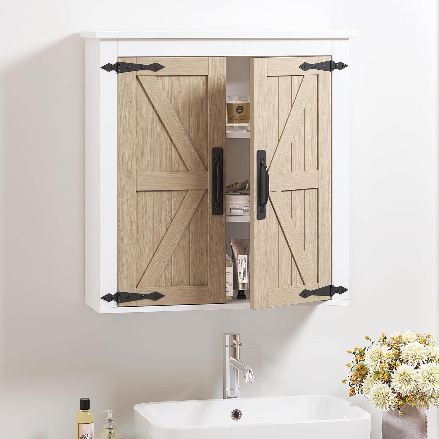 Bathroom Wall Cabinet Over Toilet, Farmhouse Wall Mounted Medicine Cabinet Organizer with Wood Grain Barn Doors and Adjustable Shelves