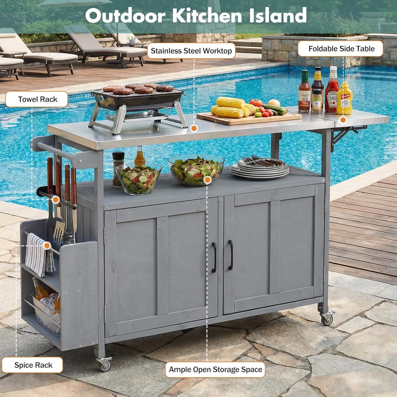 60.6" Outdoor Kitchen Rolling Bar Cart with Storage Cabinet