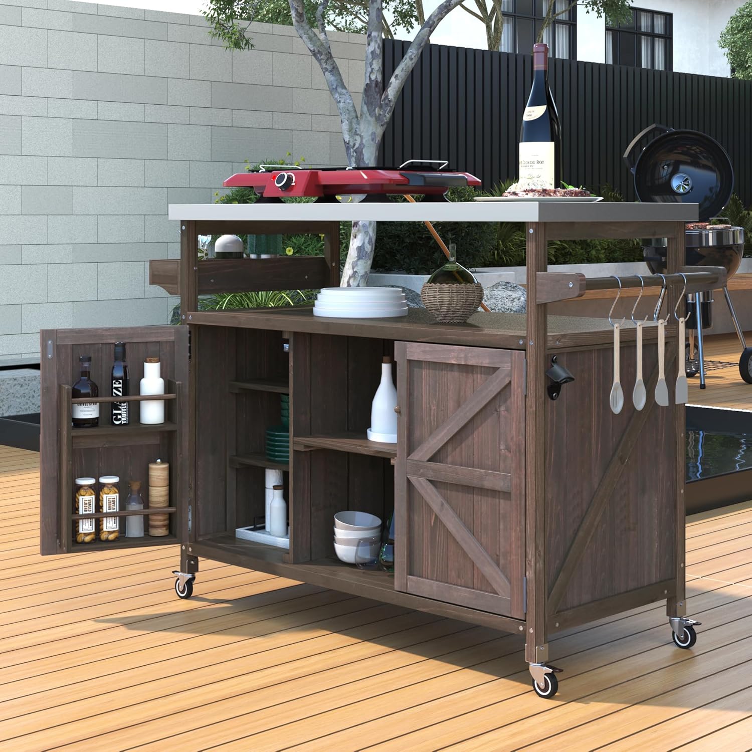 Rolling Bar Cart with Wheels, Solid Wood Outdoor Grill Table for BBQ Food Prep (Dark Brown)