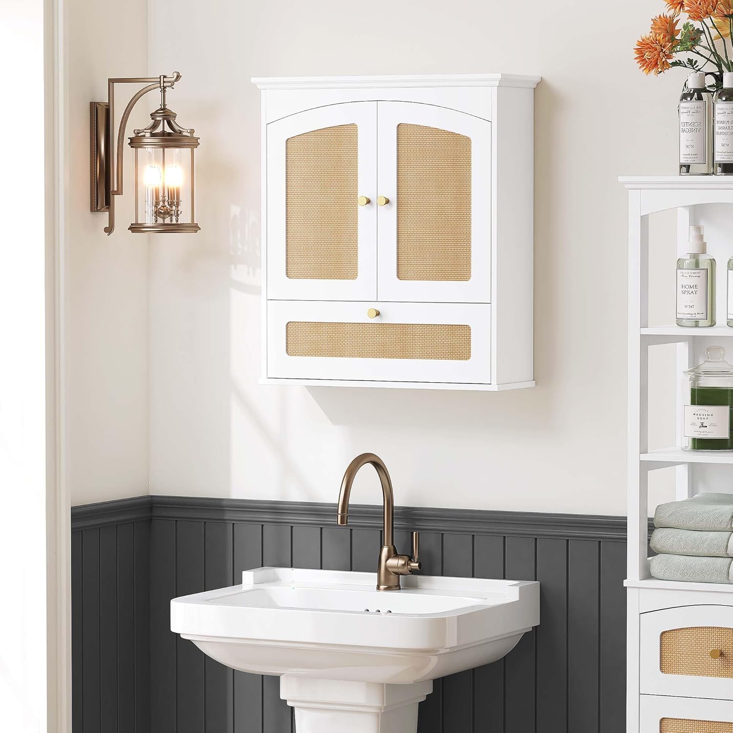 Medicine Cabinet for Bathroom, Over The Toilet Storage Cabinet with Rattan Doors and Tilt-Out Cube